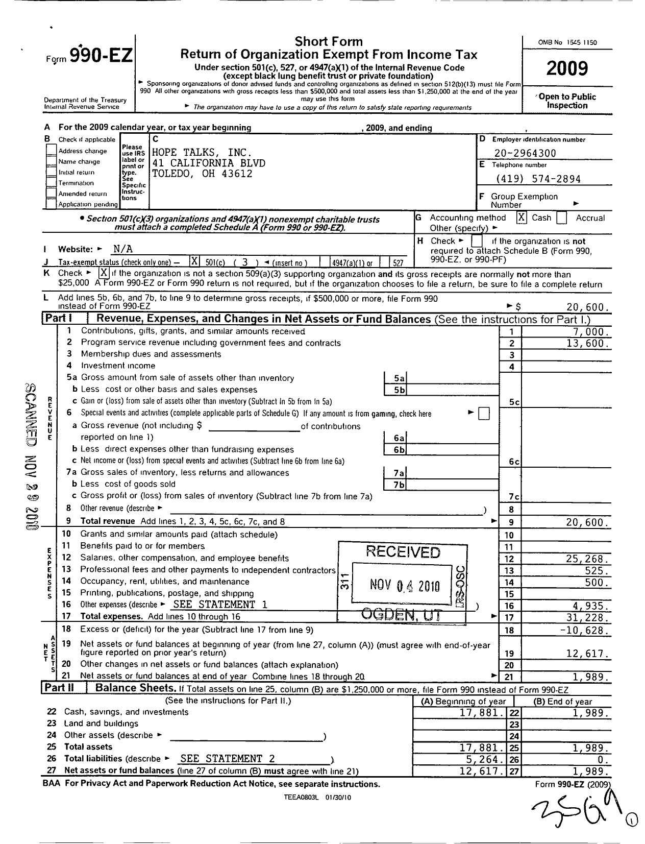 Image of first page of 2009 Form 990EZ for Hope Talks