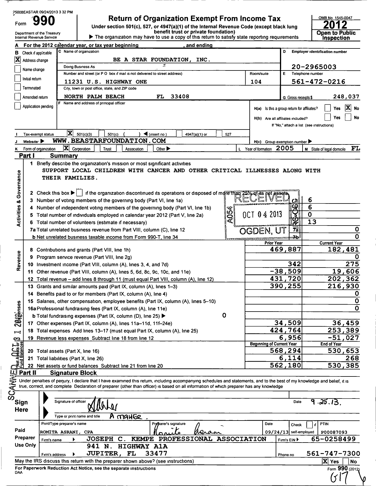 Image of first page of 2012 Form 990 for Be A Star Foundation