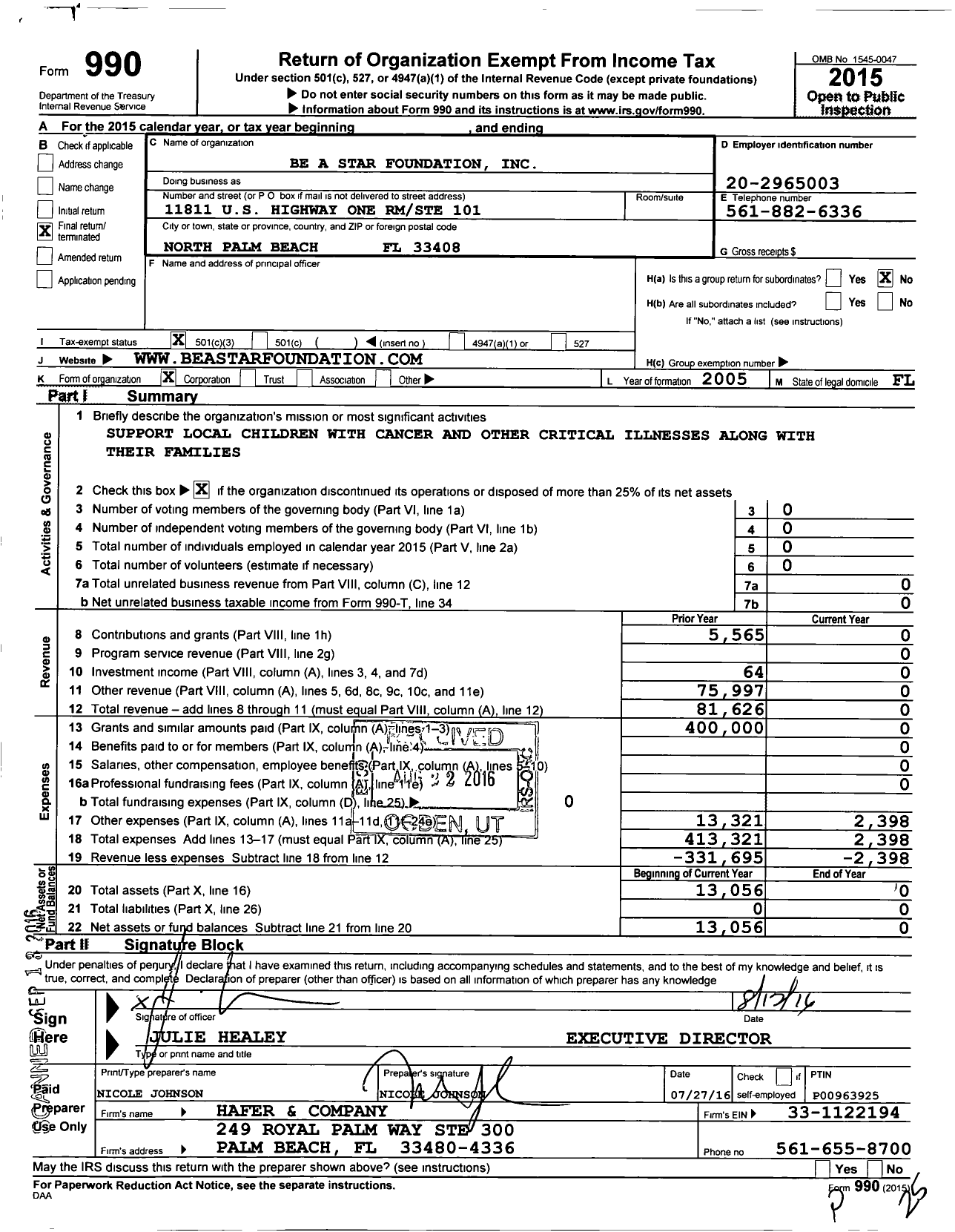 Image of first page of 2015 Form 990 for Be A Star Foundation