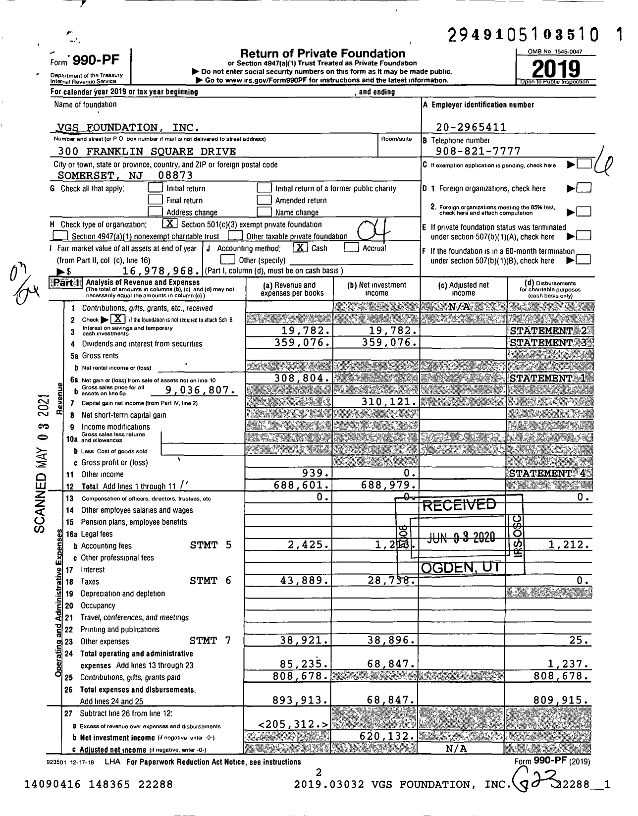 Image of first page of 2019 Form 990PF for VGS Foundation