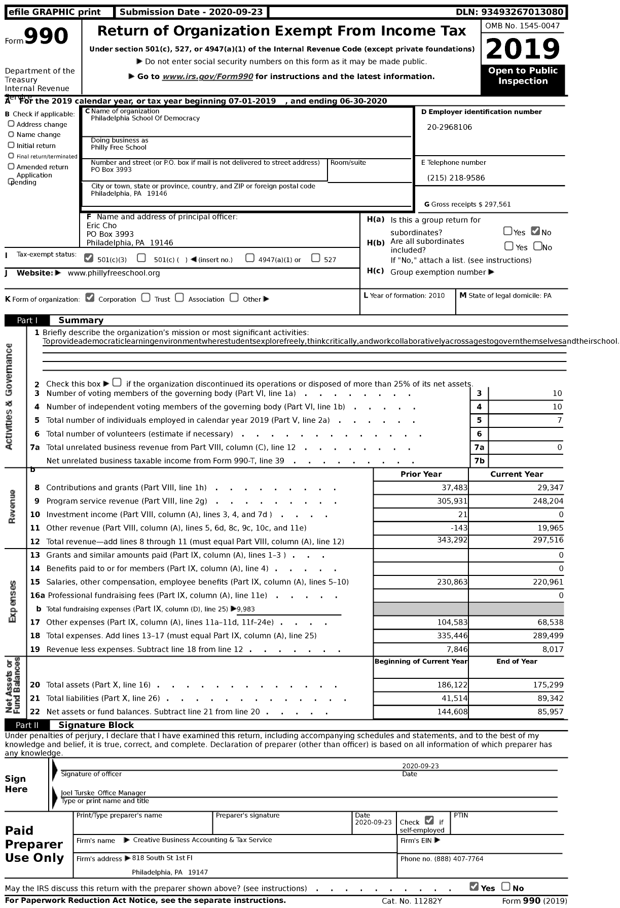 Image of first page of 2019 Form 990 for Philly Free School