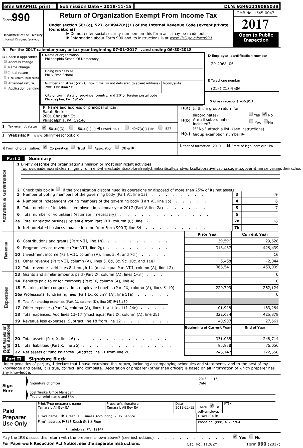 Image of first page of 2017 Form 990 for Philly Free School