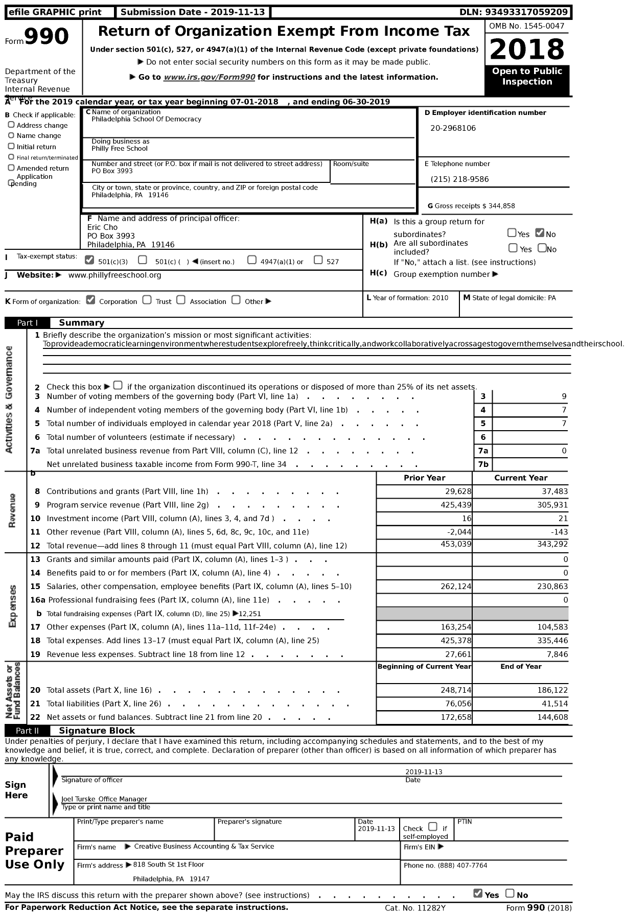 Image of first page of 2018 Form 990 for Philly Free School