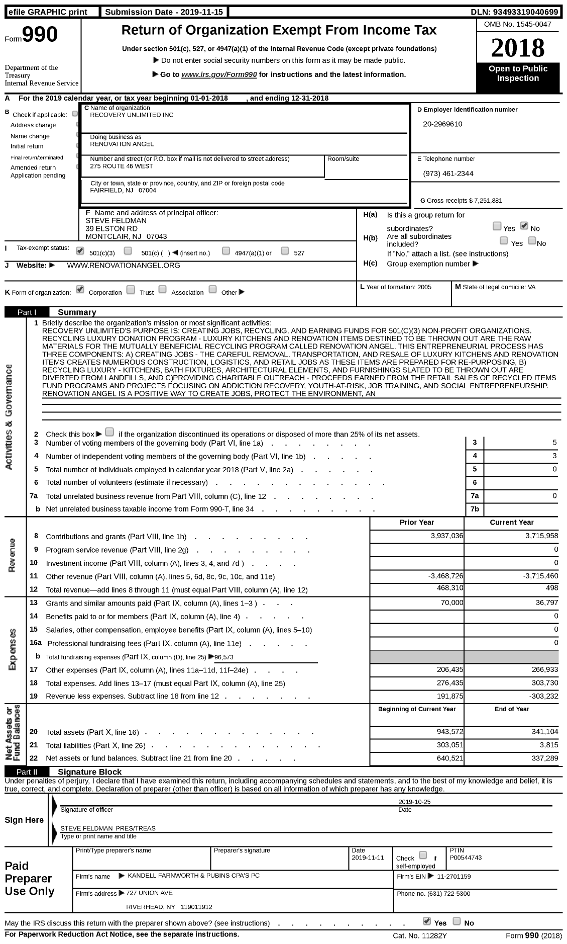 Image of first page of 2018 Form 990 for Renovation Angel