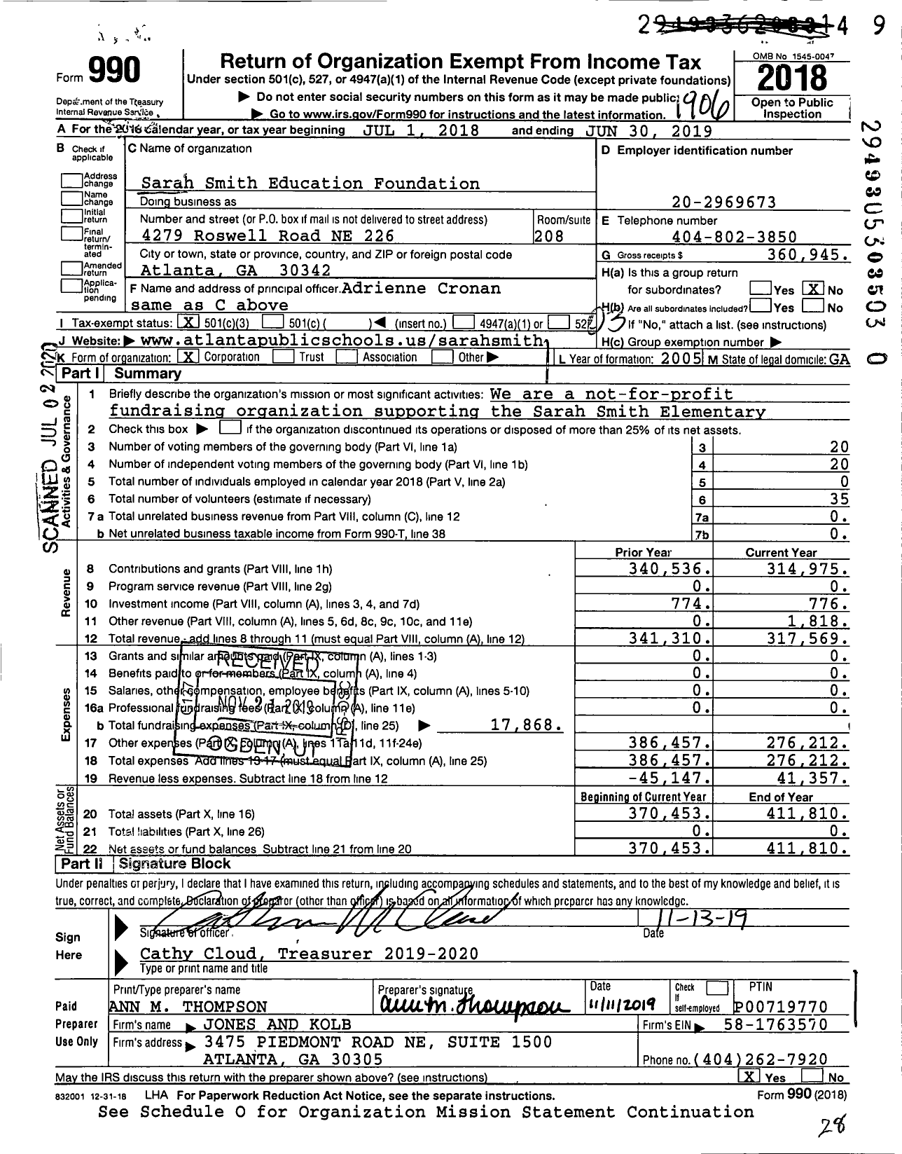 Image of first page of 2018 Form 990 for Sarah Smith Education Foundation