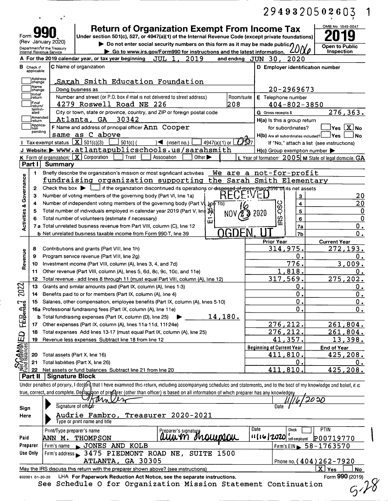 Image of first page of 2019 Form 990 for Sarah Smith Education Foundation