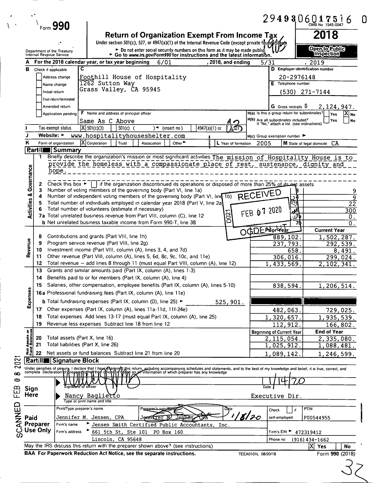 Image of first page of 2018 Form 990 for Hospitality House / Foothill House of Hospitality