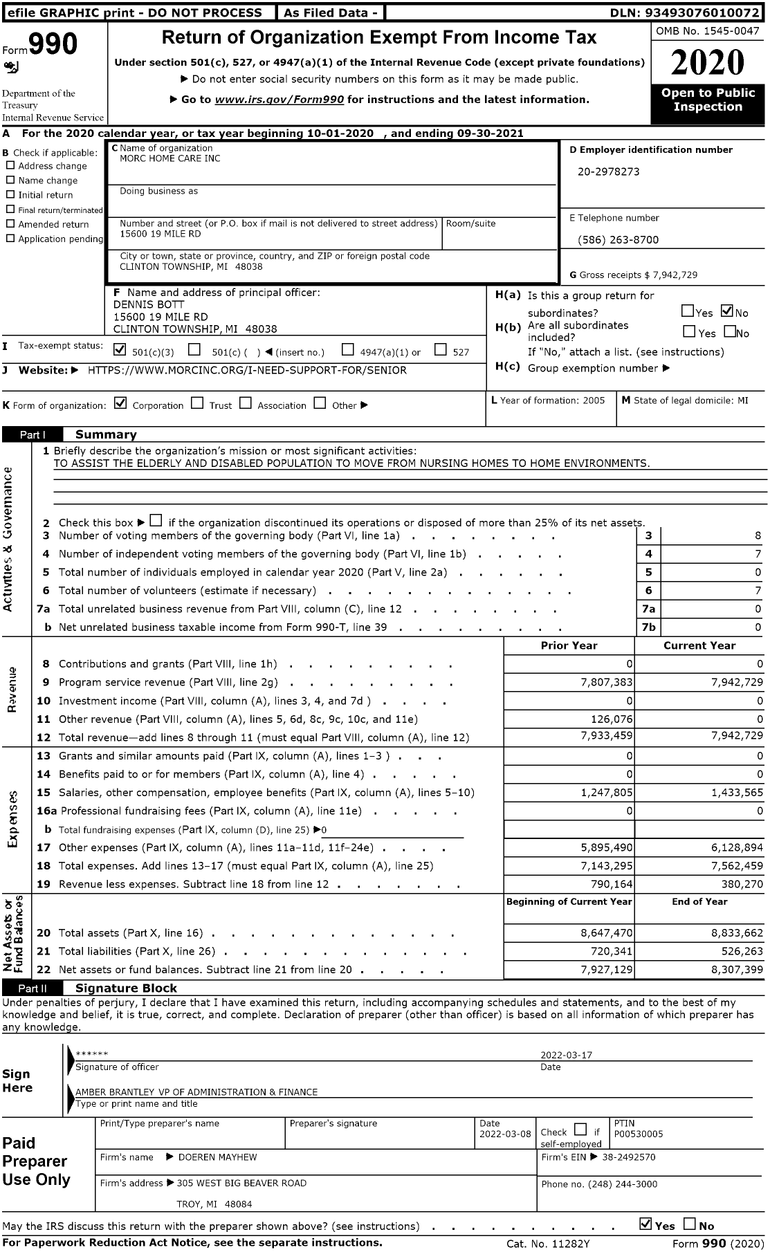 Image of first page of 2020 Form 990 for Morc Home Care