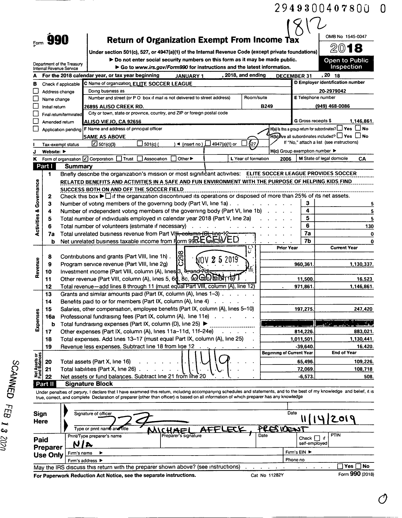 Image of first page of 2018 Form 990 for Elite Soccer League