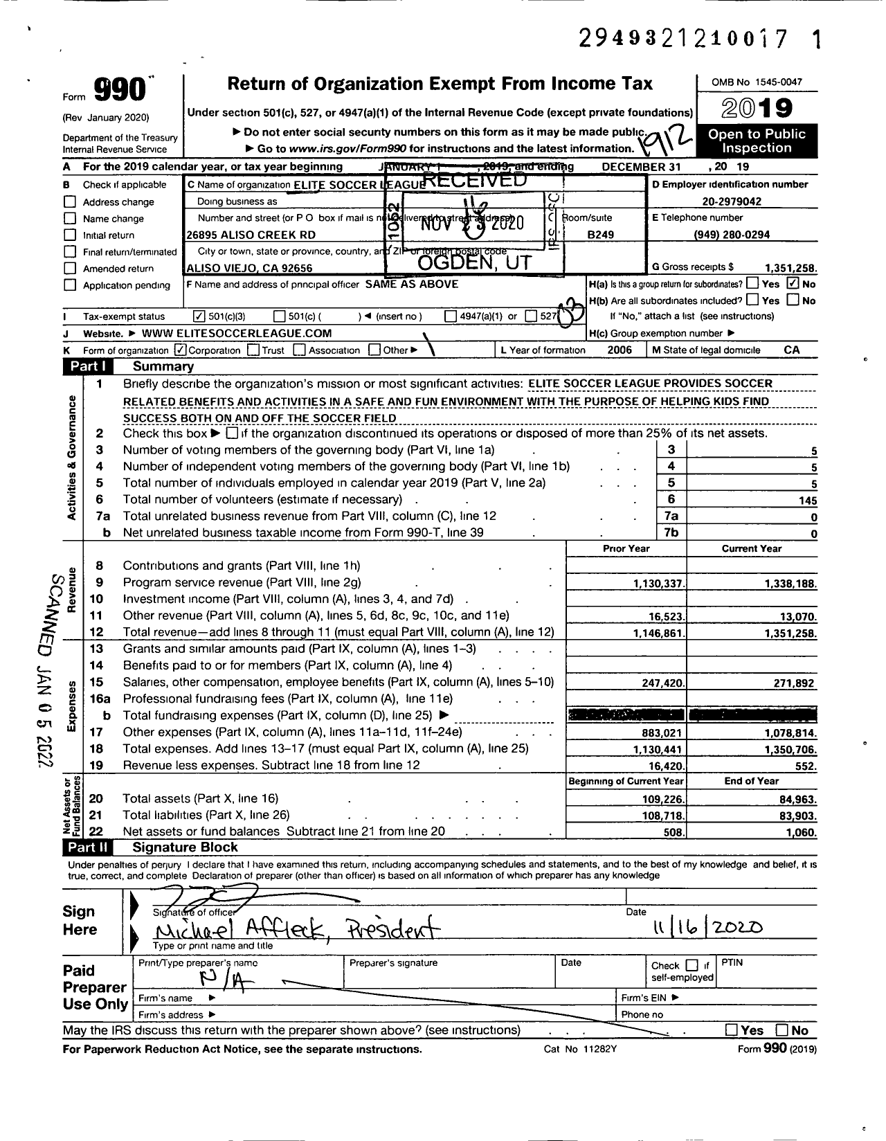 Image of first page of 2019 Form 990 for Elite Soccer League