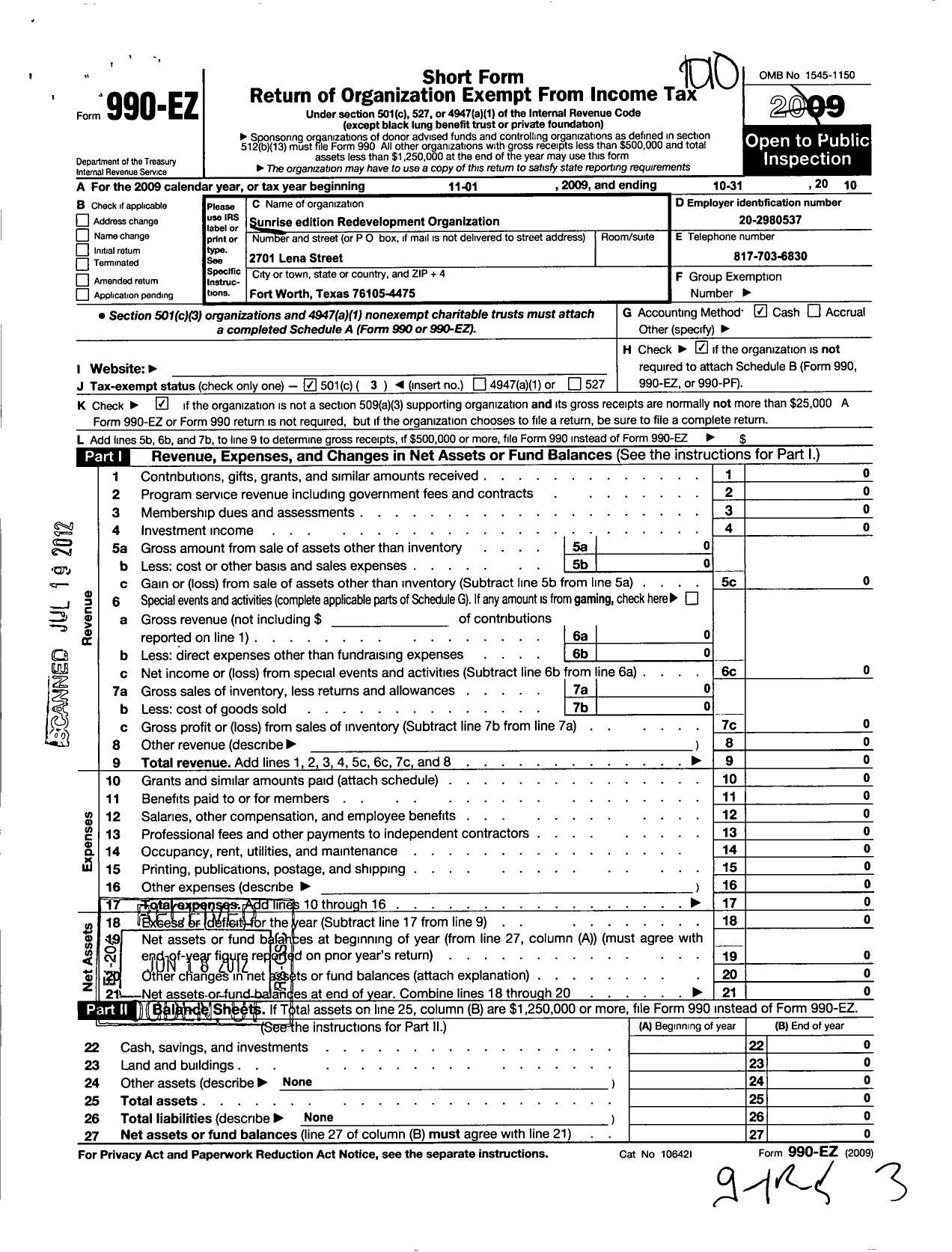 Image of first page of 2009 Form 990EZ for Sunrise Edition Redevelopment Organization