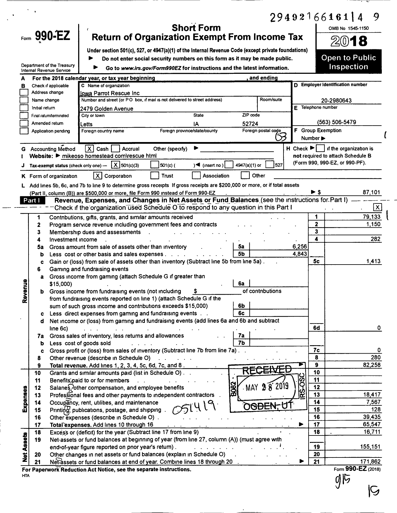 Image of first page of 2018 Form 990EZ for Iowa Parrot Rescue