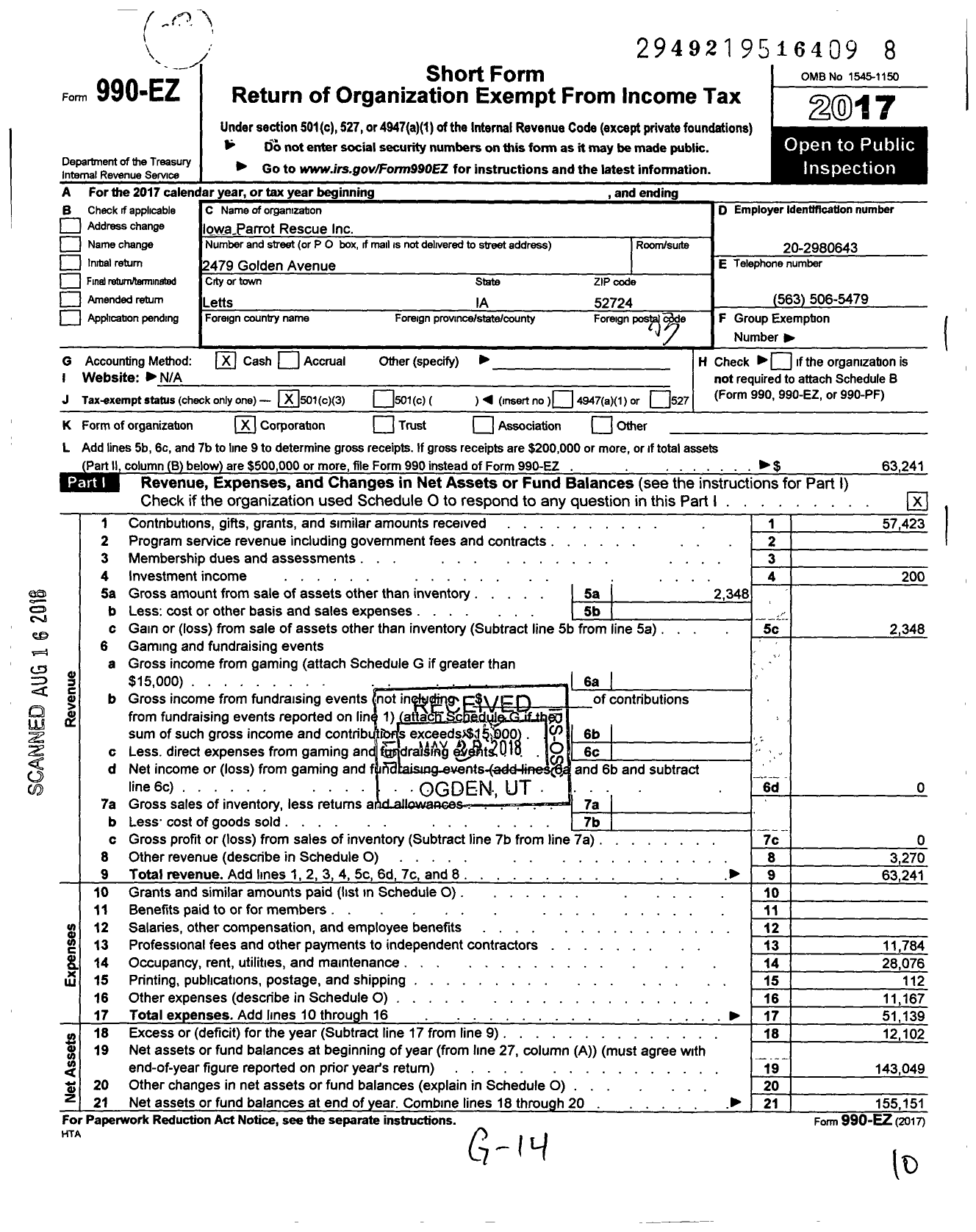 Image of first page of 2017 Form 990EZ for Iowa Parrot Rescue