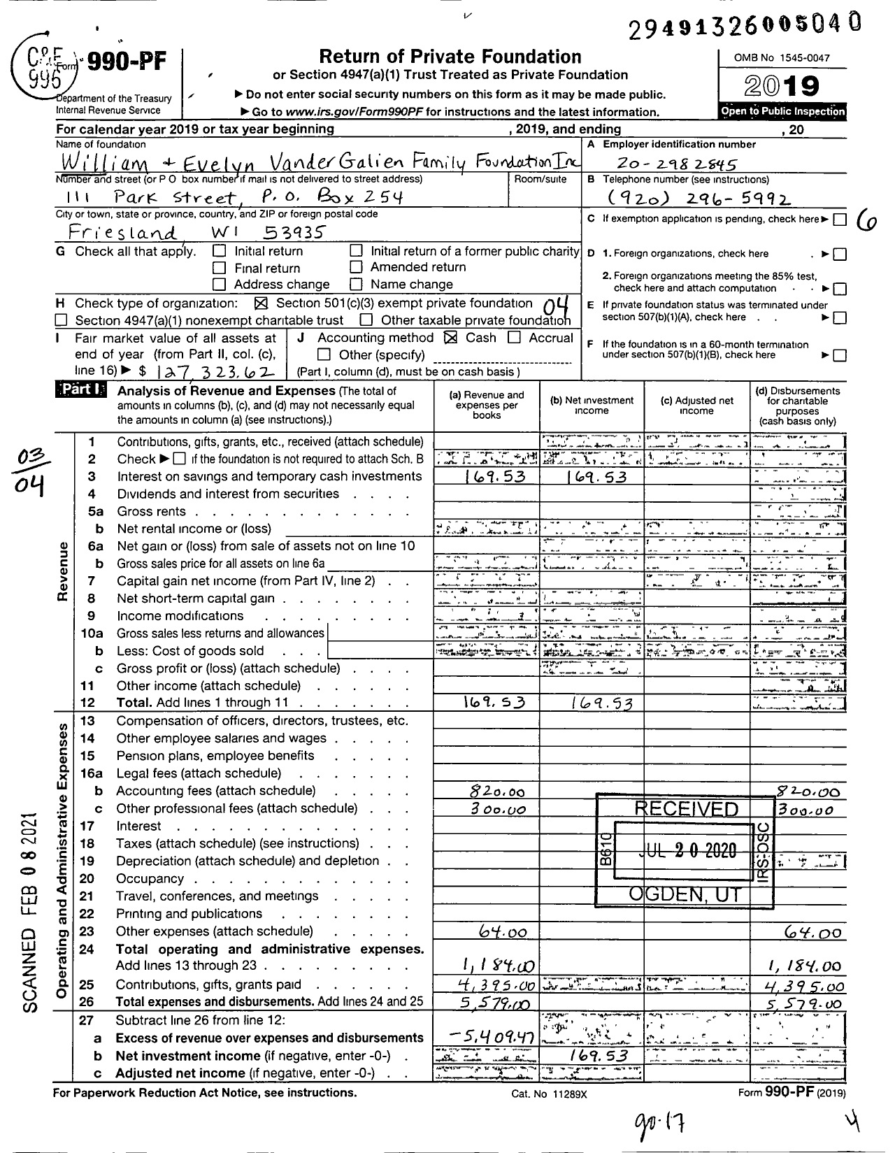 Image of first page of 2019 Form 990PF for William and Evelyn Vandergalien Galien Family Foundation