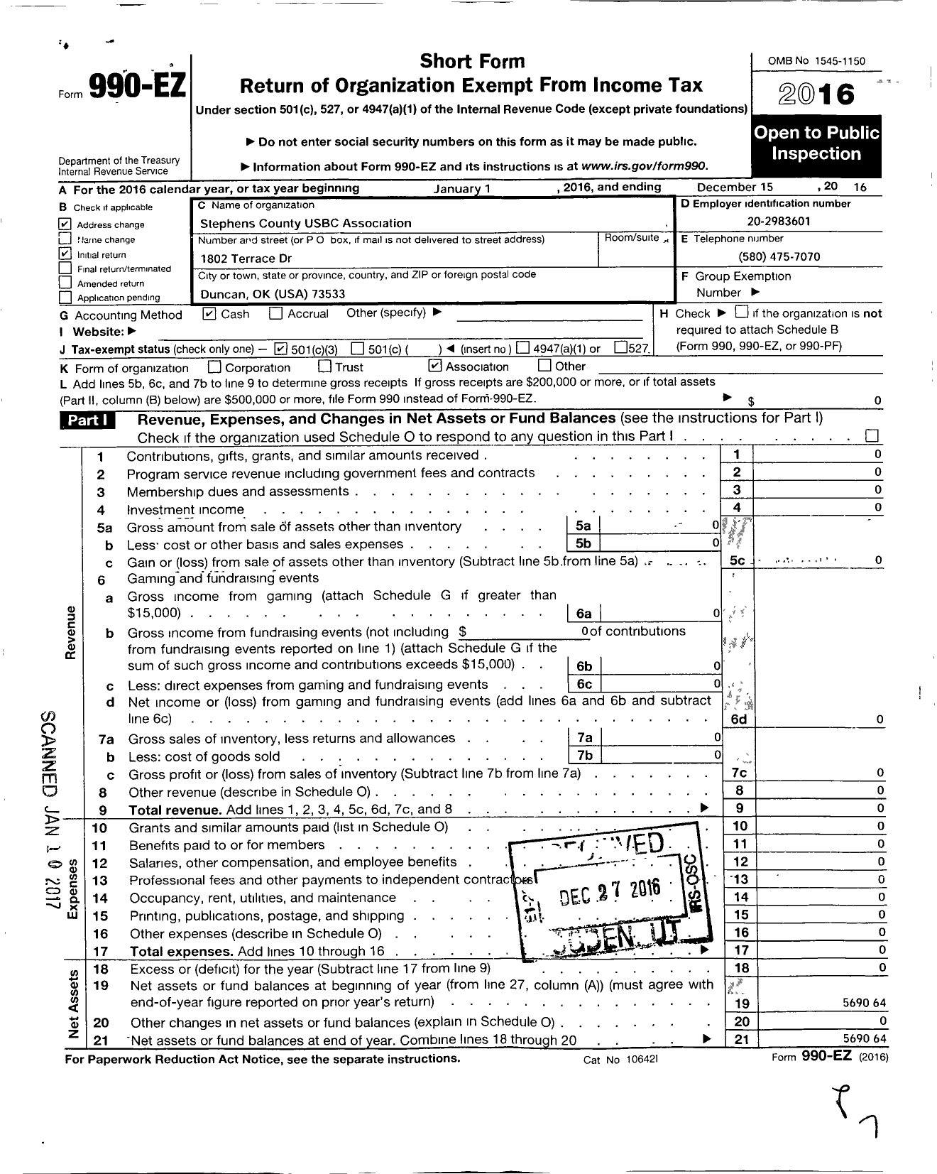 Image of first page of 2016 Form 990EZ for United States Bowling Congress - 80703 Stephens County Usbc