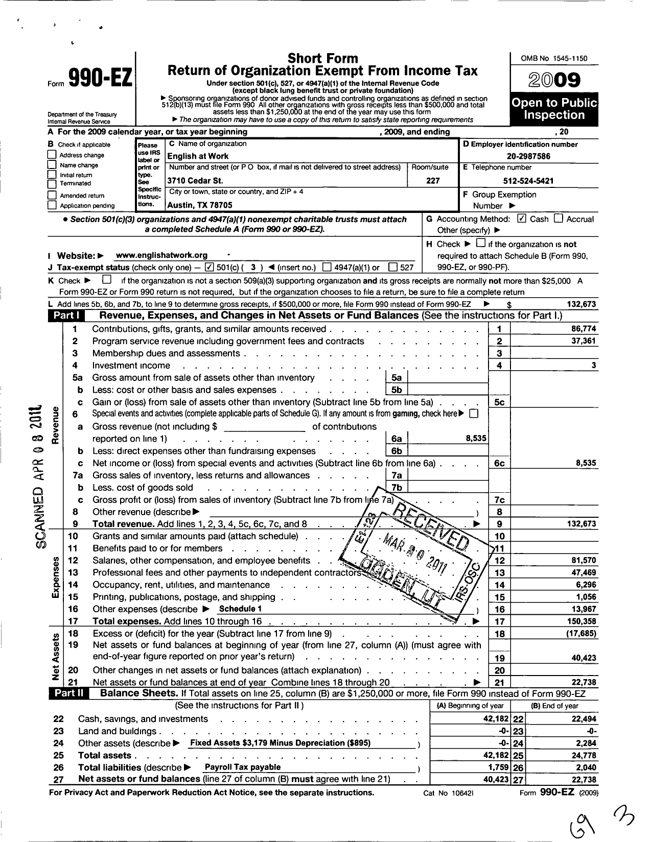 Image of first page of 2009 Form 990EZ for English at Work