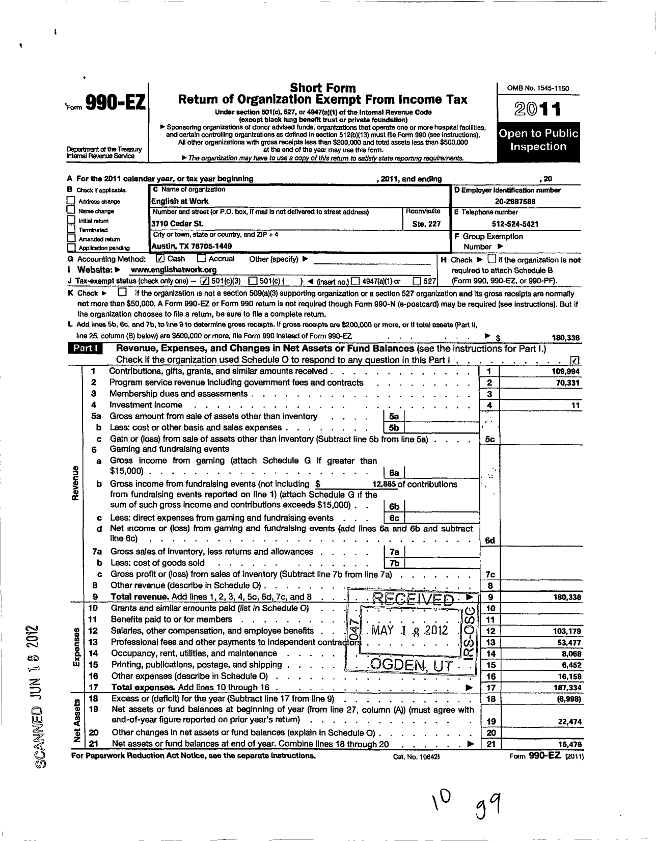 Image of first page of 2011 Form 990EZ for English at Work