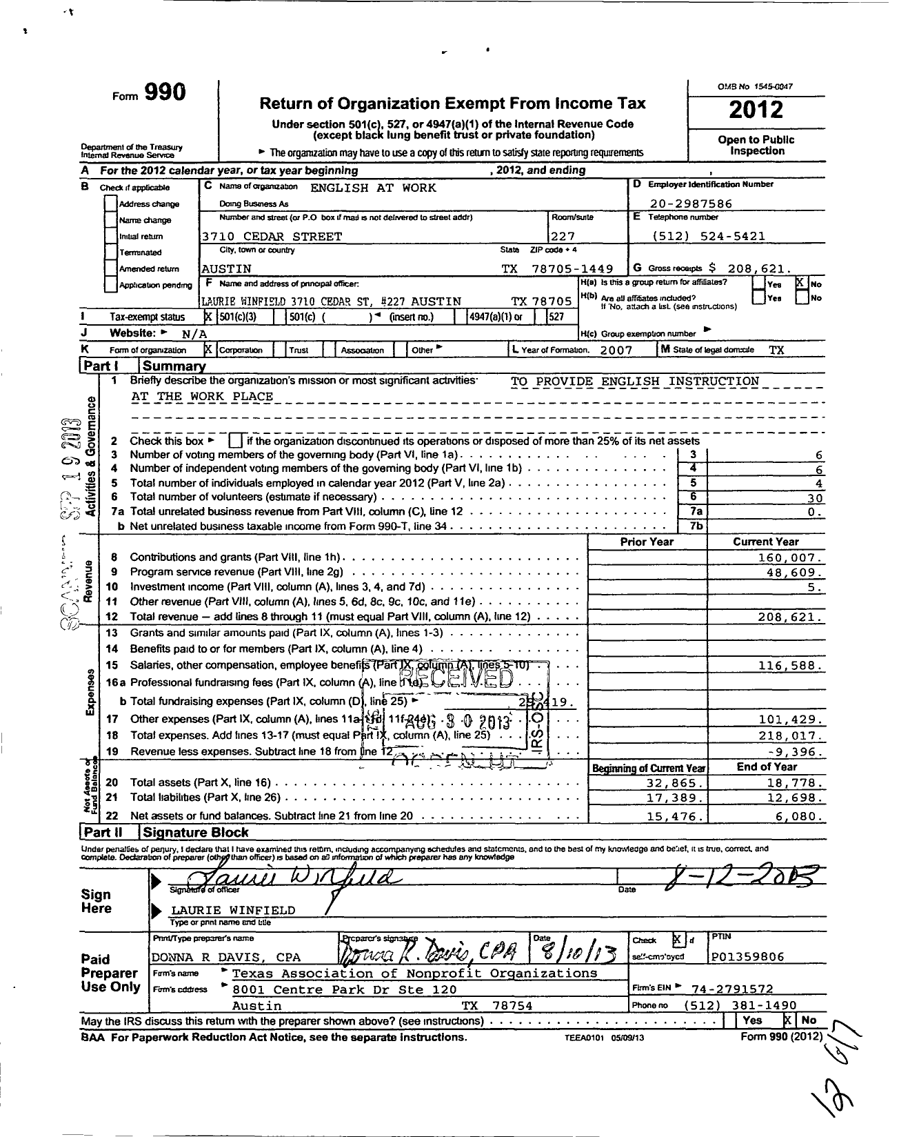 Image of first page of 2012 Form 990 for English at Work