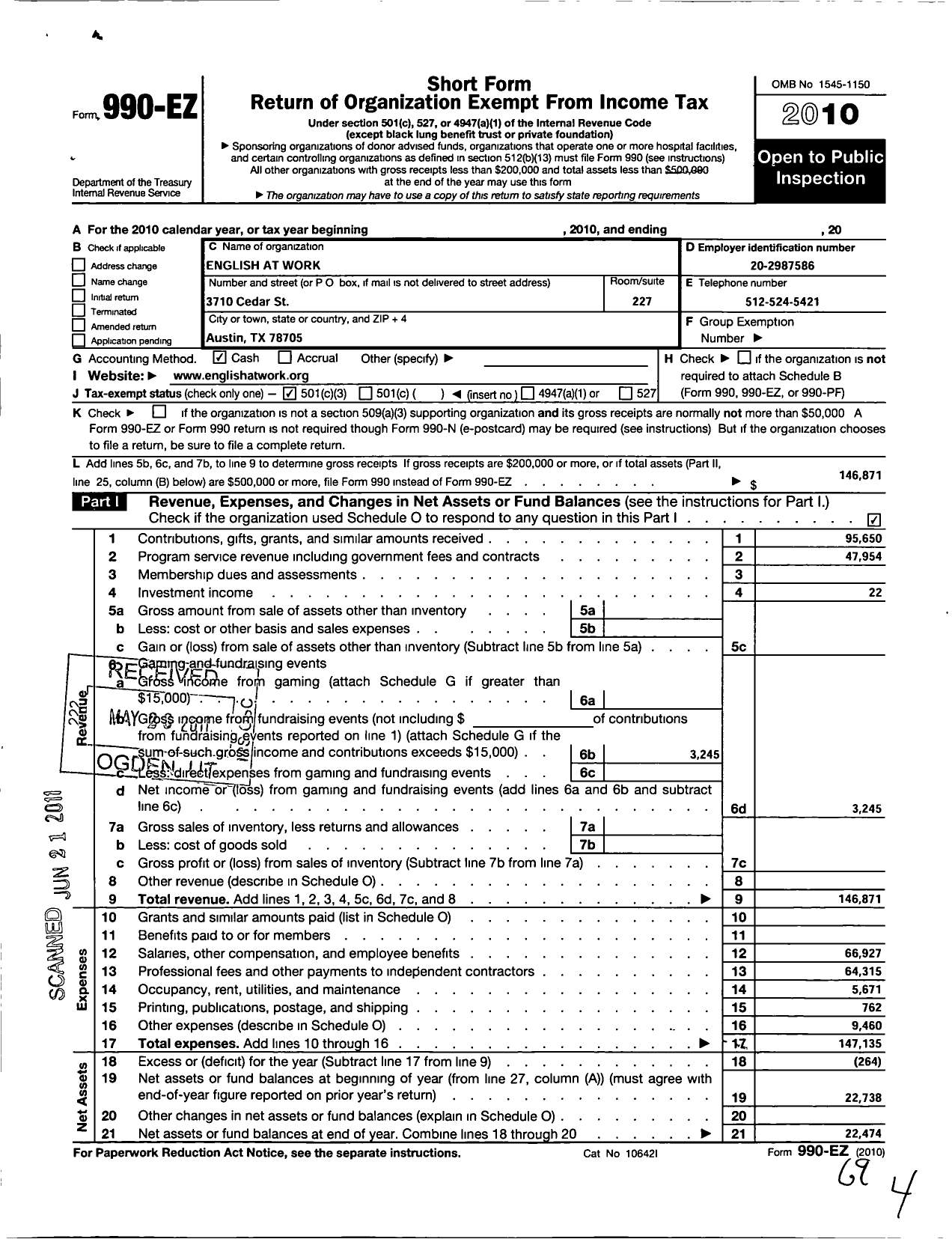 Image of first page of 2010 Form 990EZ for English at Work