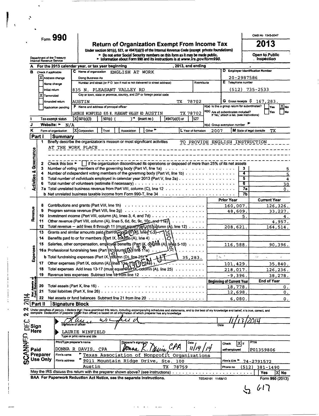 Image of first page of 2013 Form 990 for English at Work