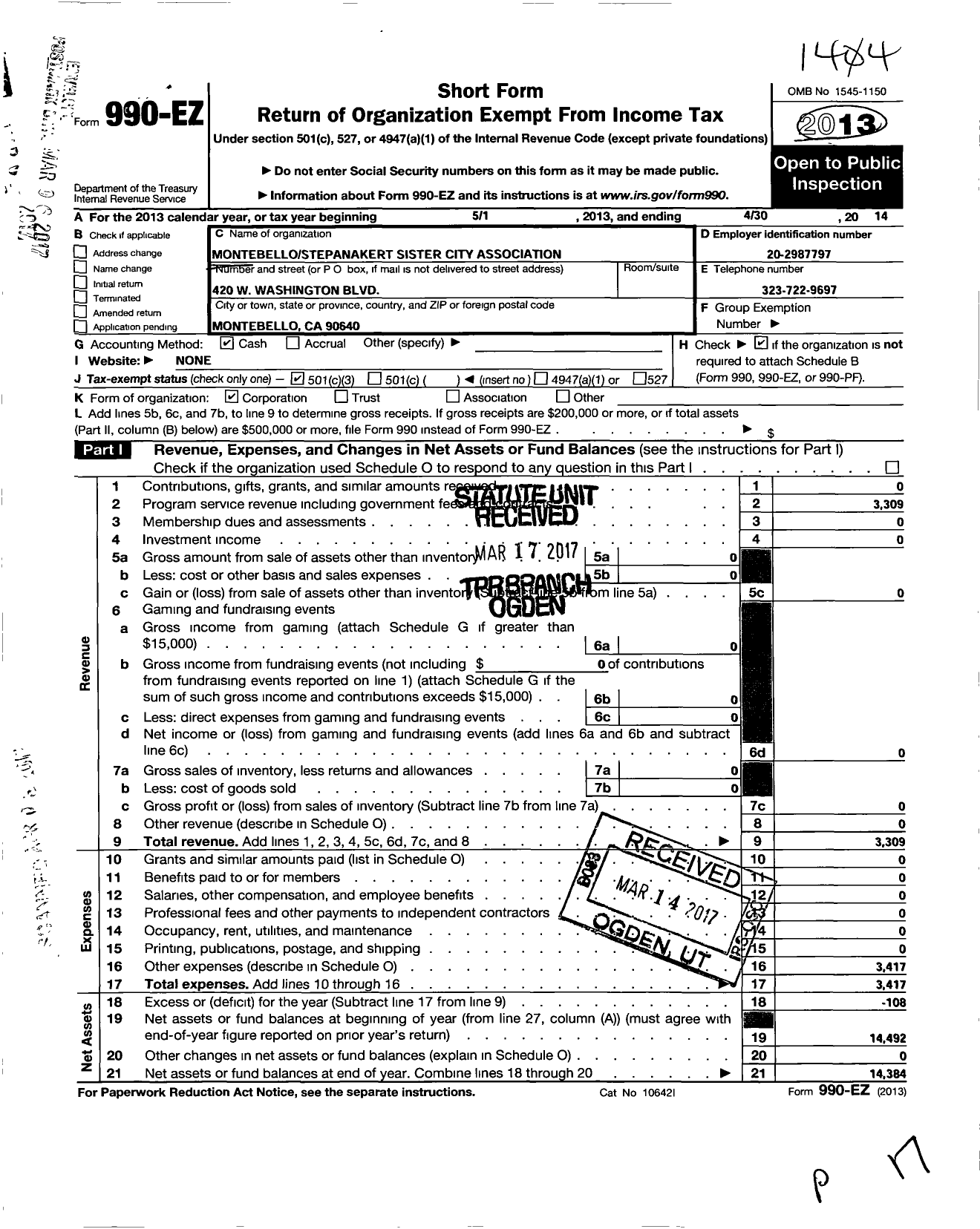 Image of first page of 2013 Form 990EZ for Montebello Stepanakert Sister City Association