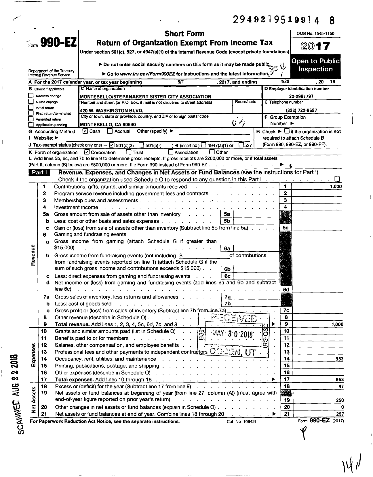 Image of first page of 2017 Form 990EZ for Montebello Stepanakert Sister City Association