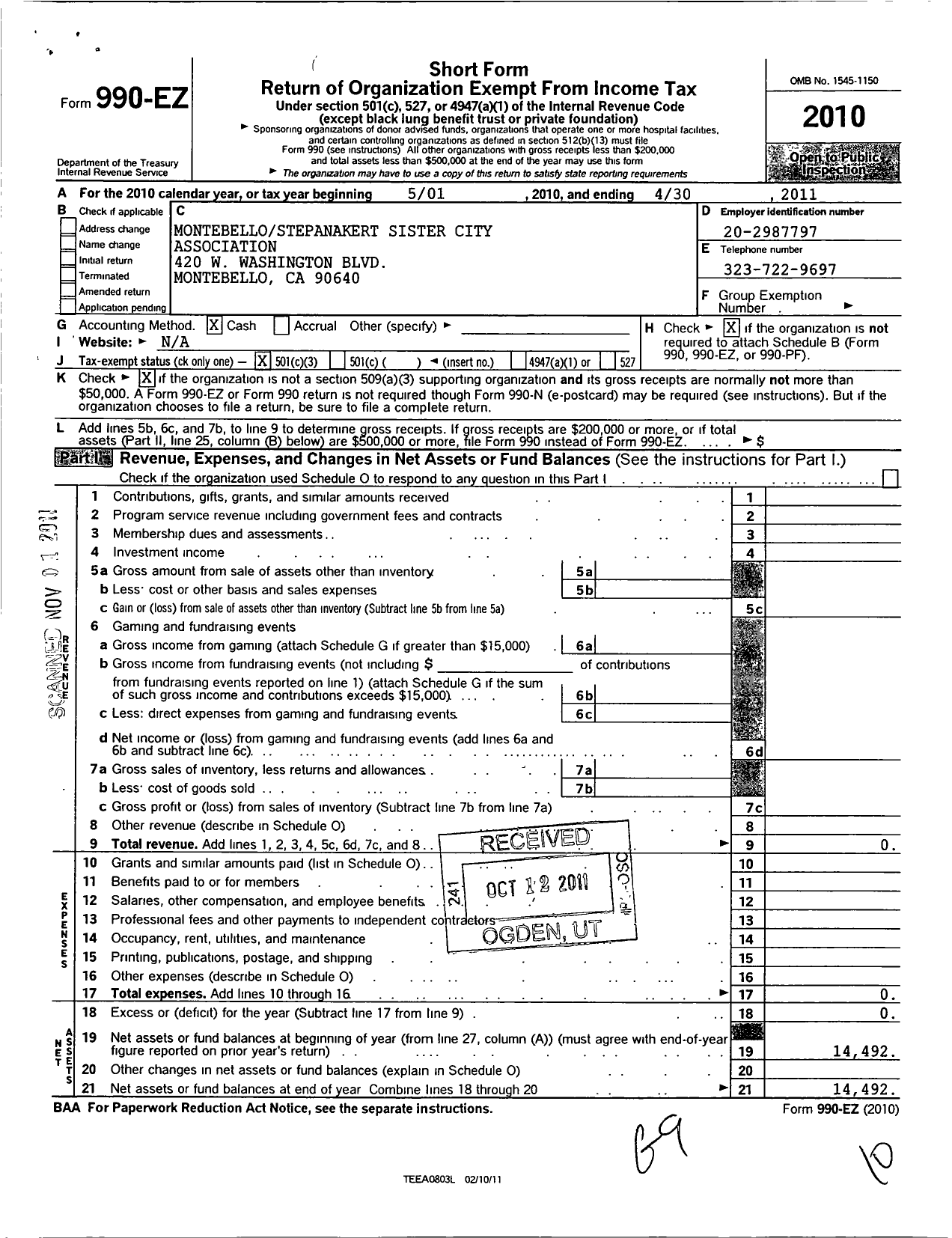 Image of first page of 2010 Form 990EZ for Montebello Stepanakert Sister City Association