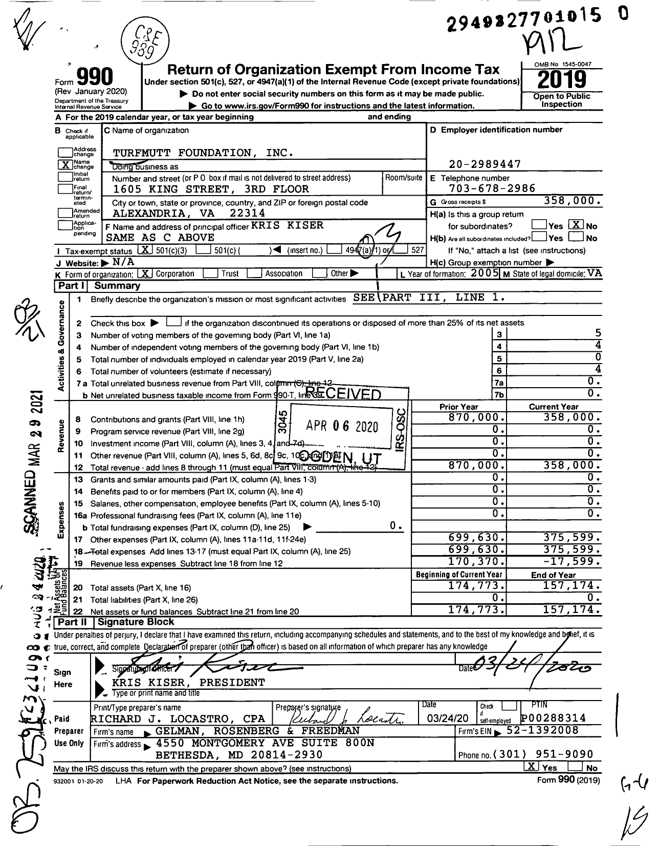 Image of first page of 2019 Form 990 for Turfmutt Foundation
