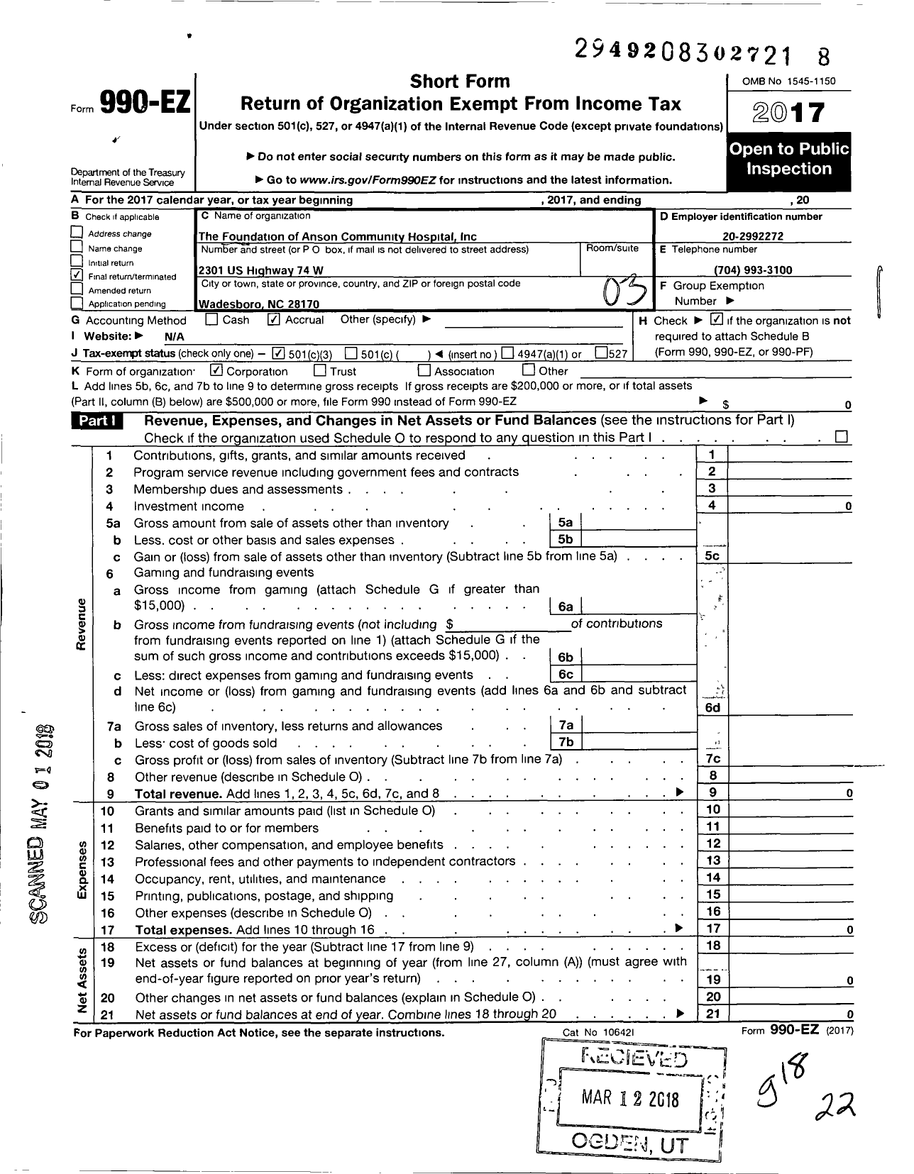 Image of first page of 2017 Form 990EZ for The Foundation of Anson Community Hospital