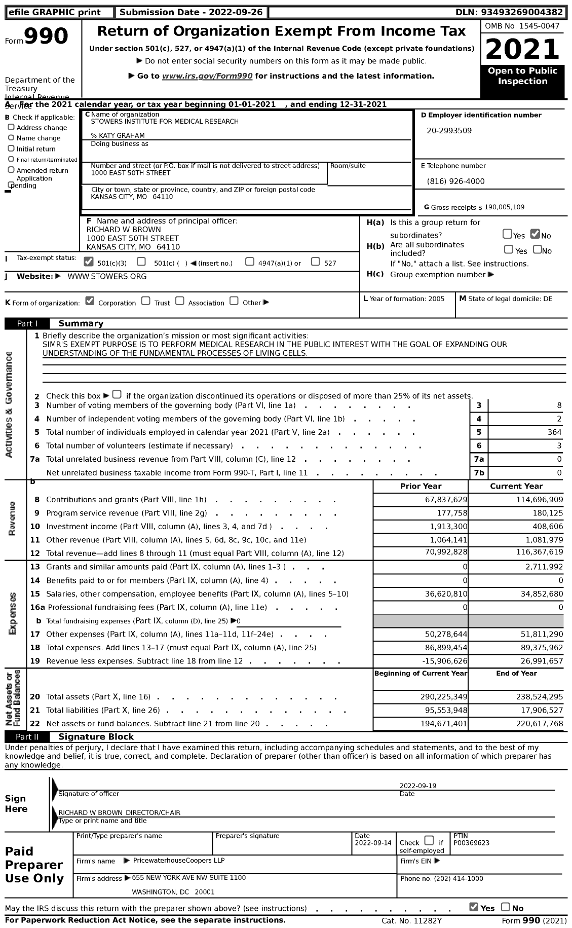 Image of first page of 2021 Form 990 for Stowers Institute for Medical Research