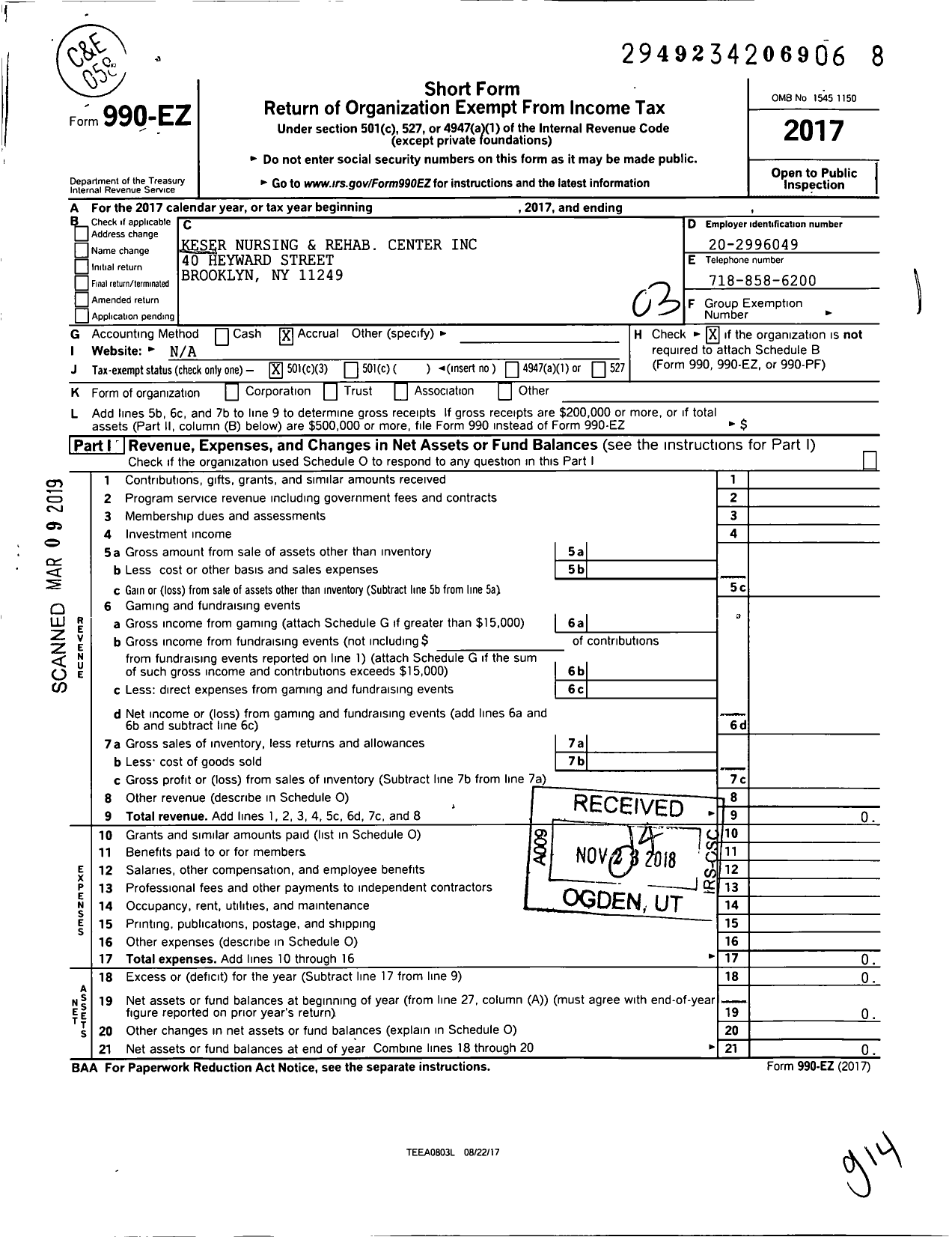 Image of first page of 2017 Form 990EZ for Bedford Center for Nursing and Rehabilitation