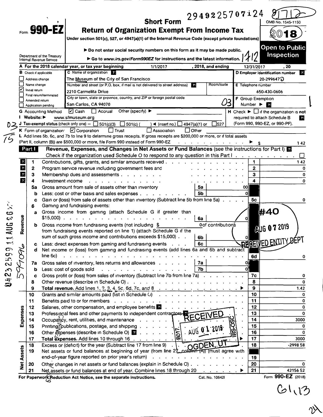 Image of first page of 2017 Form 990EZ for Museum of the City of San Francisco