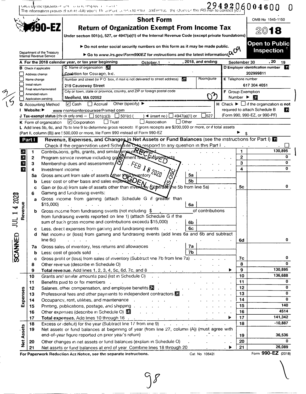 Image of first page of 2018 Form 990EZ for Coalition for Courage