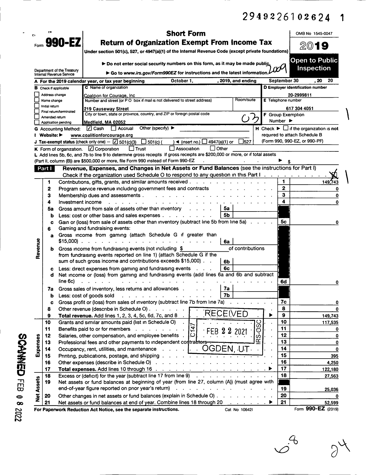 Image of first page of 2019 Form 990EZ for Coalition for Courage