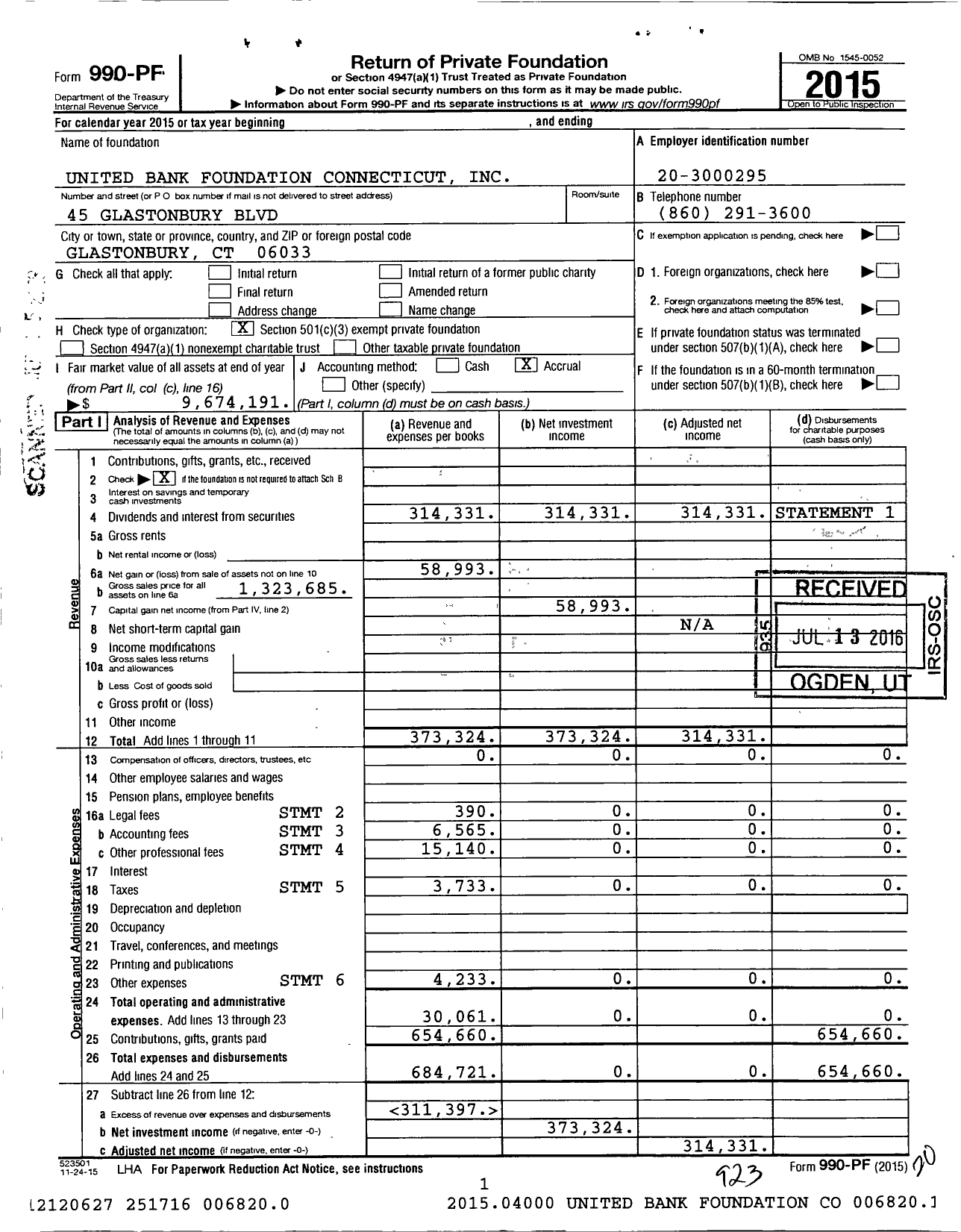 Image of first page of 2015 Form 990PF for Rockville Bank Community Foundation