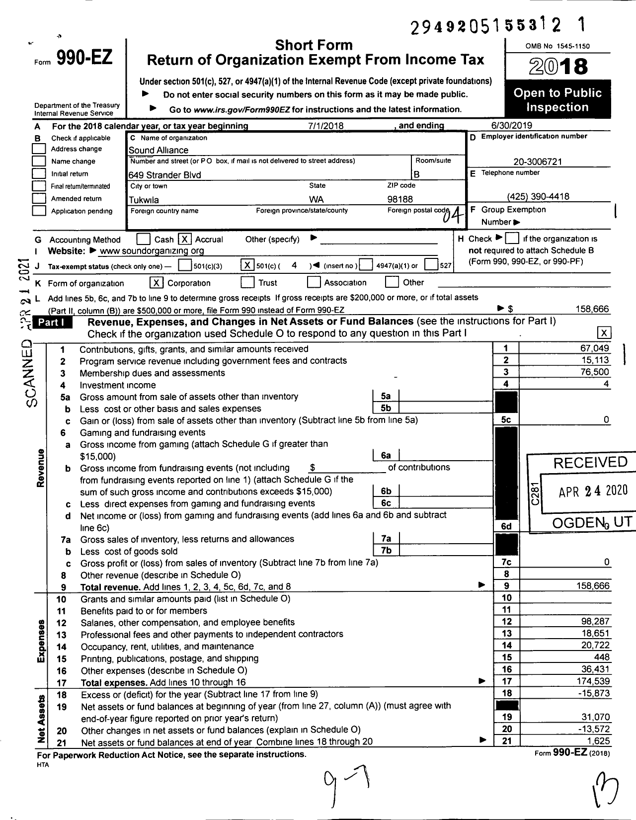 Image of first page of 2018 Form 990EO for Sound Alliance