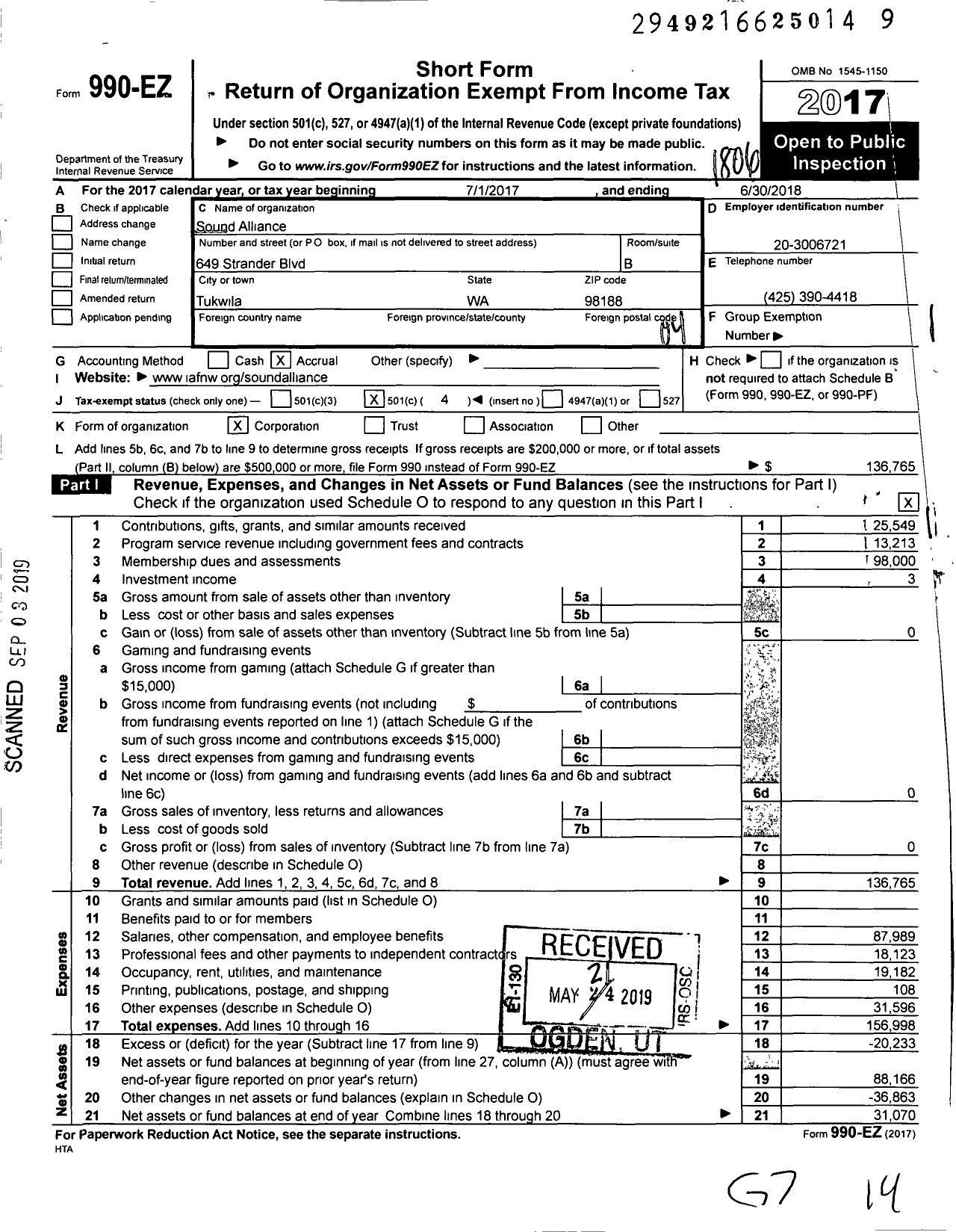 Image of first page of 2017 Form 990EO for Sound Alliance