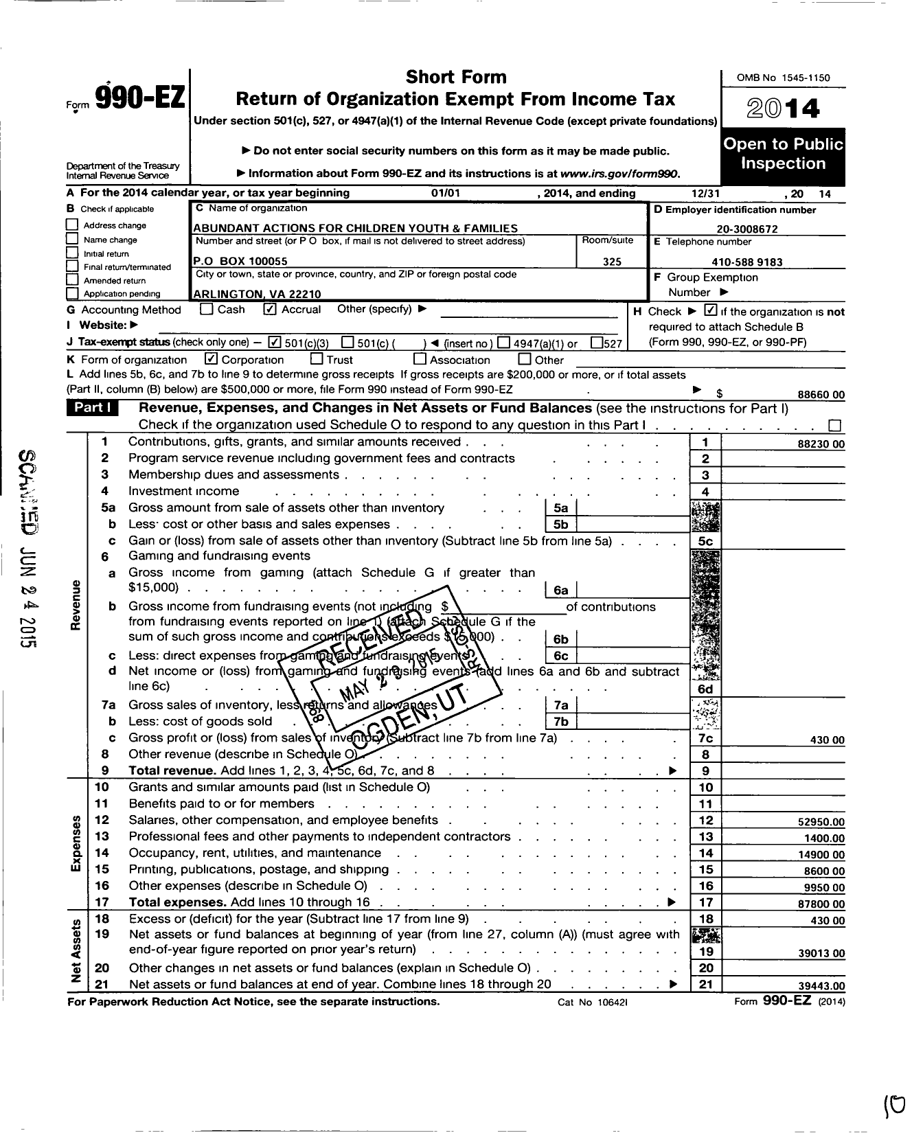 Image of first page of 2014 Form 990EZ for Abundant Actions for Children Youth and Families