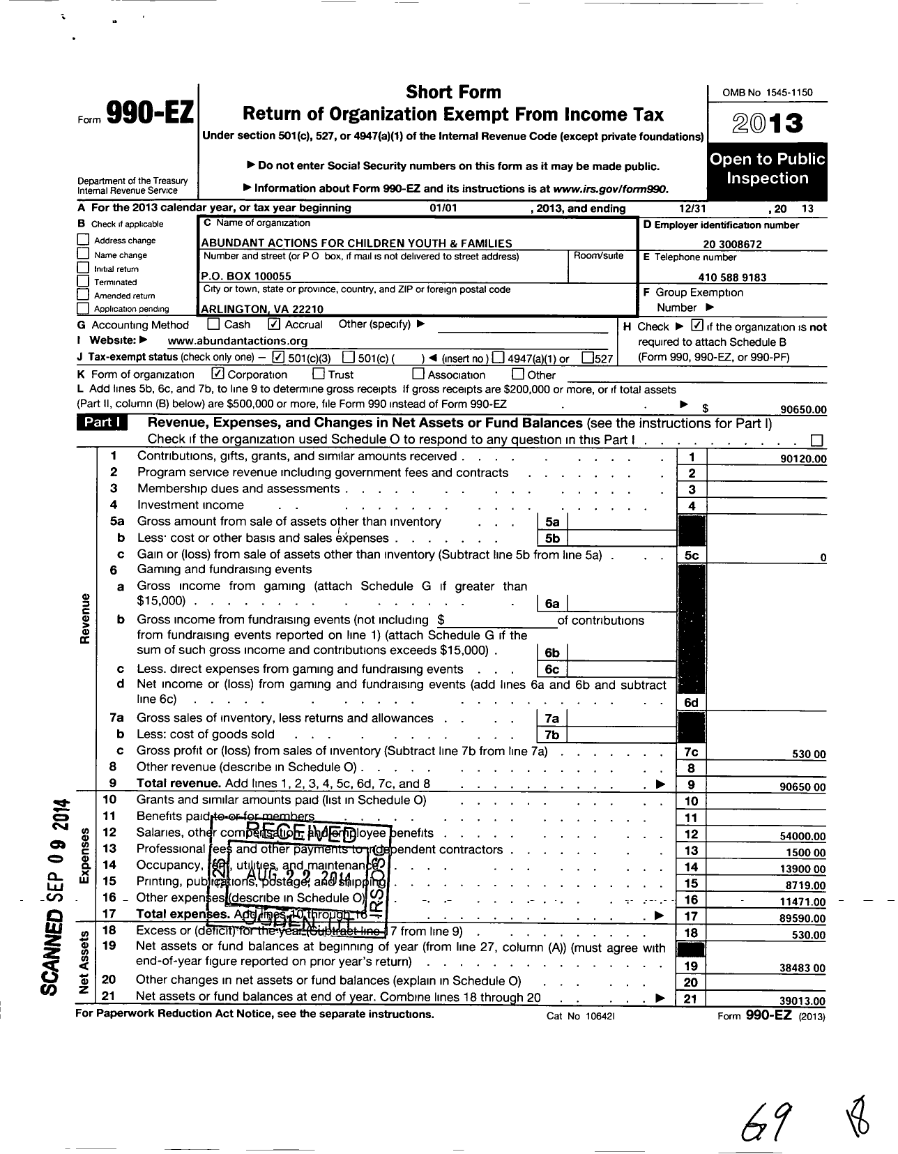 Image of first page of 2013 Form 990EZ for Abundant Actions for Children Youth and Families