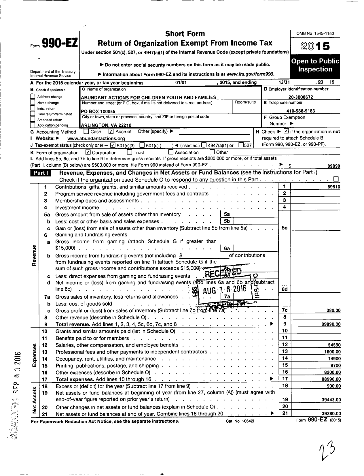 Image of first page of 2015 Form 990EZ for Abundant Actions for Children Youth and Families