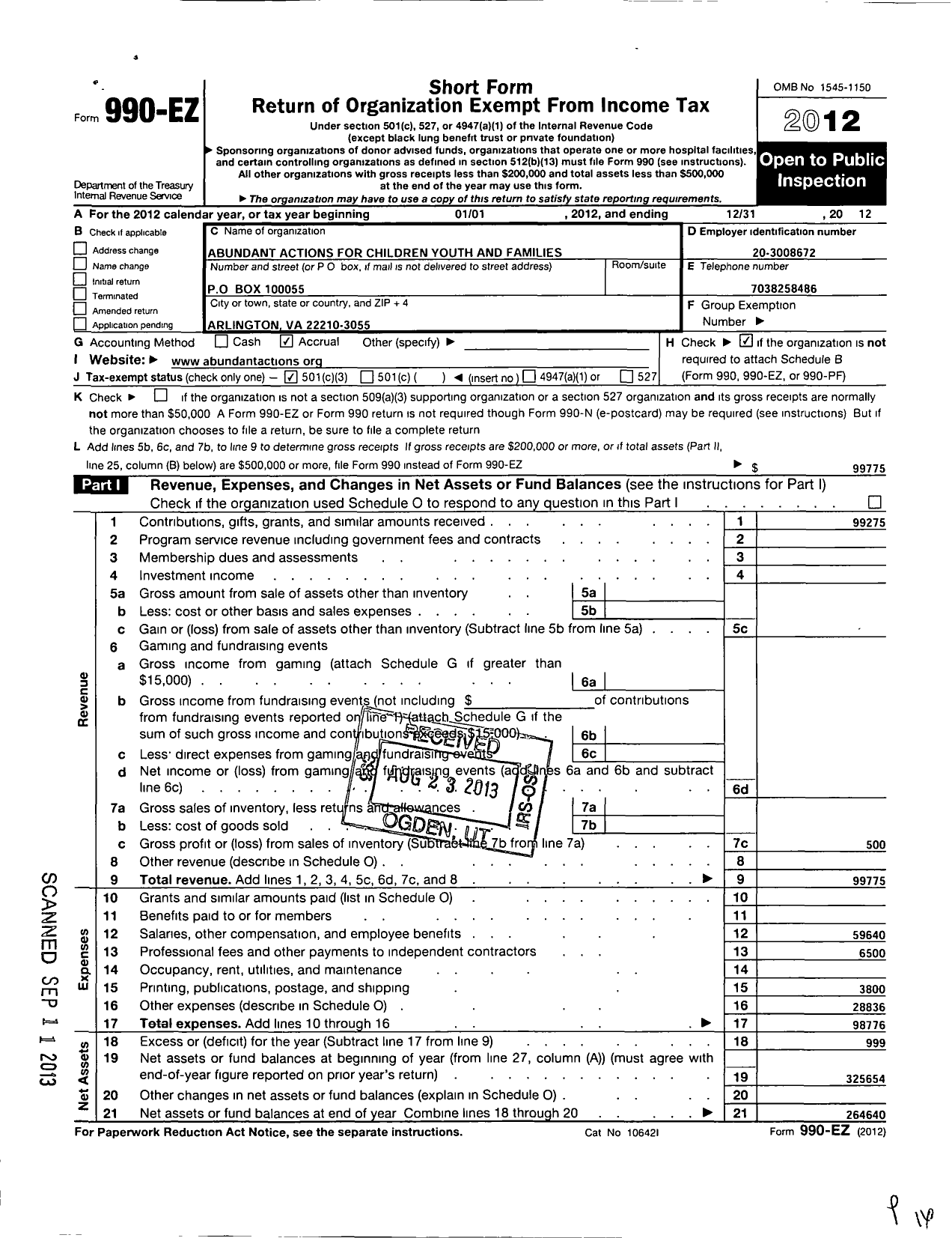 Image of first page of 2012 Form 990EZ for Abundant Actions for Children Youth and Families