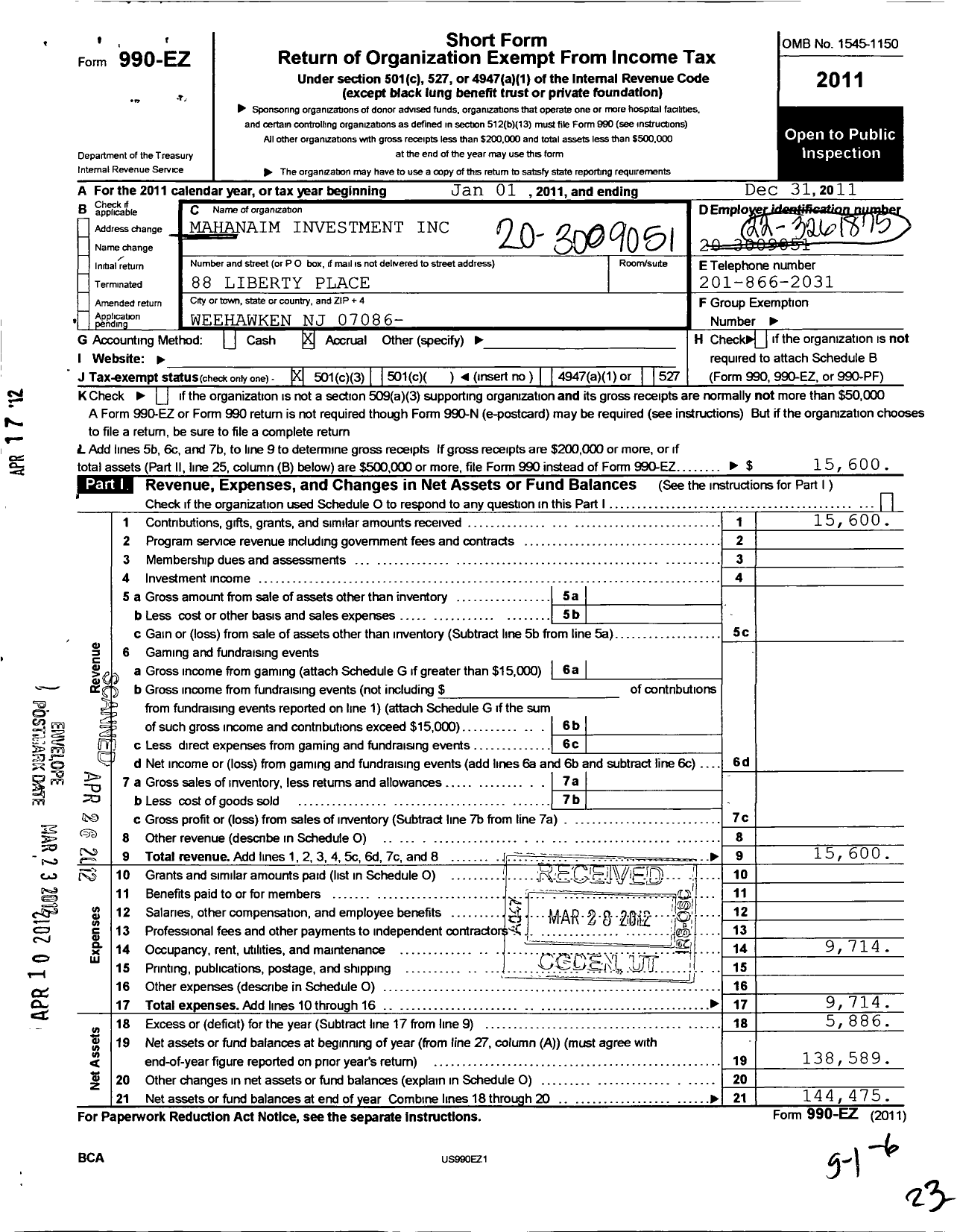 Image of first page of 2011 Form 990EZ for Mahanain Investment