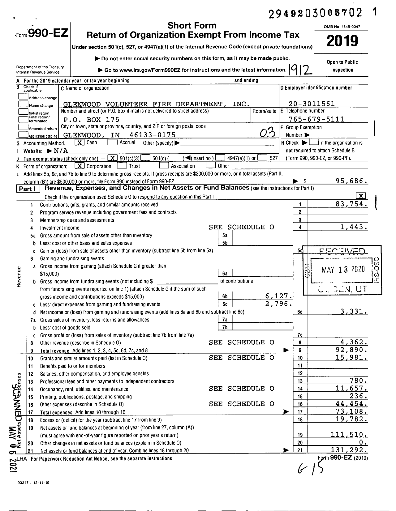 Image of first page of 2019 Form 990EZ for Glenwood Volunteer Fire Department