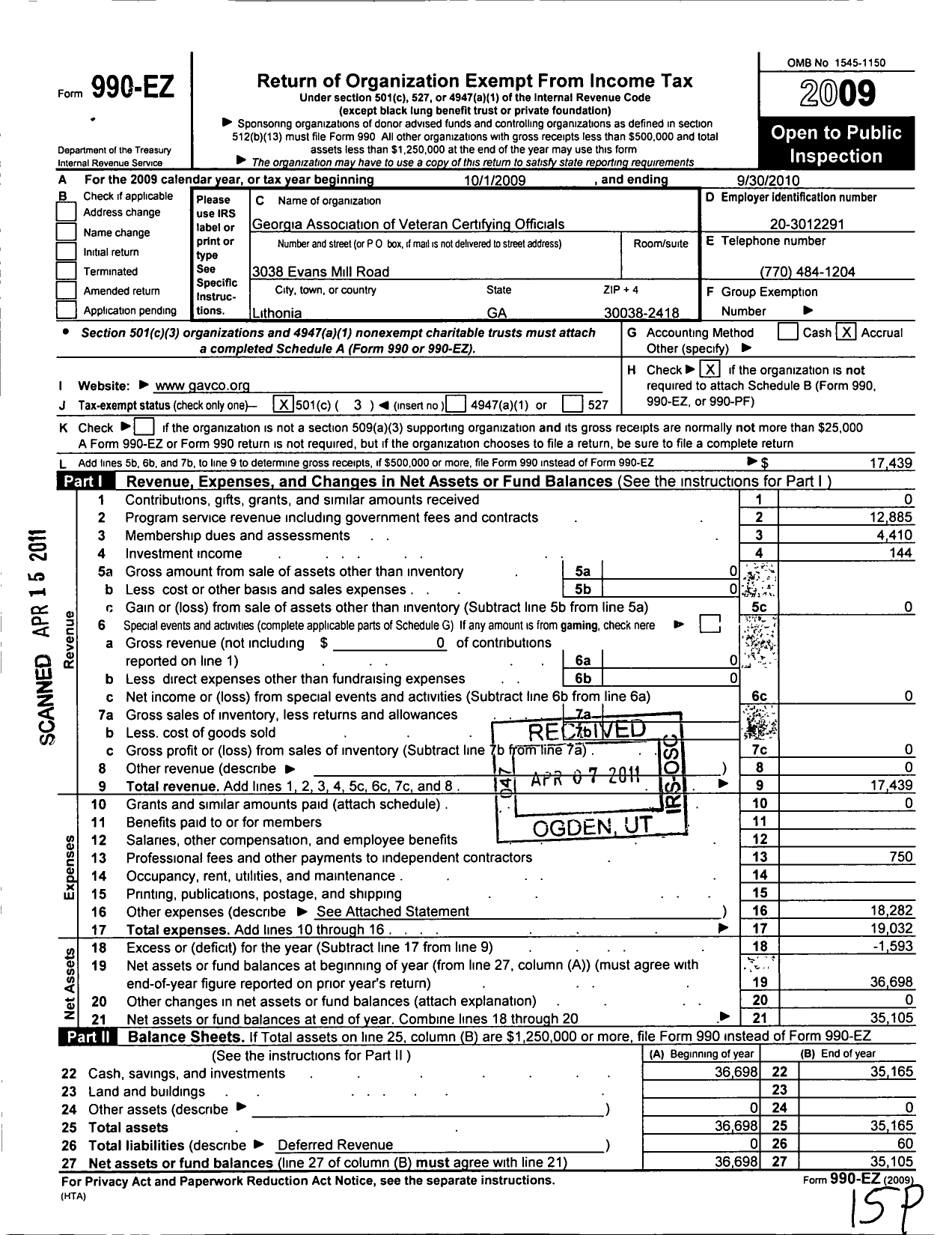 Image of first page of 2009 Form 990EZ for Georgia Association of Veteran Certifying Officials (GAVCO)