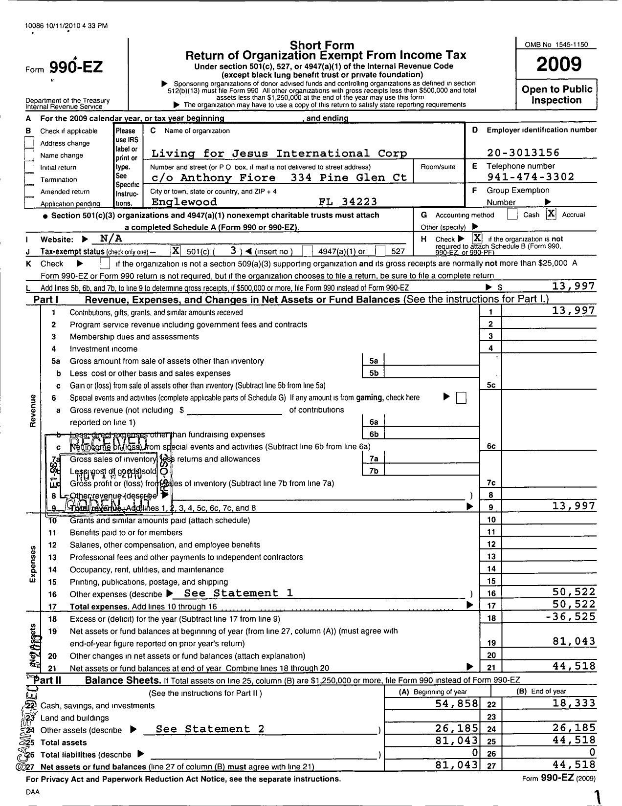 Image of first page of 2009 Form 990EZ for Living for Jesus International Corporation