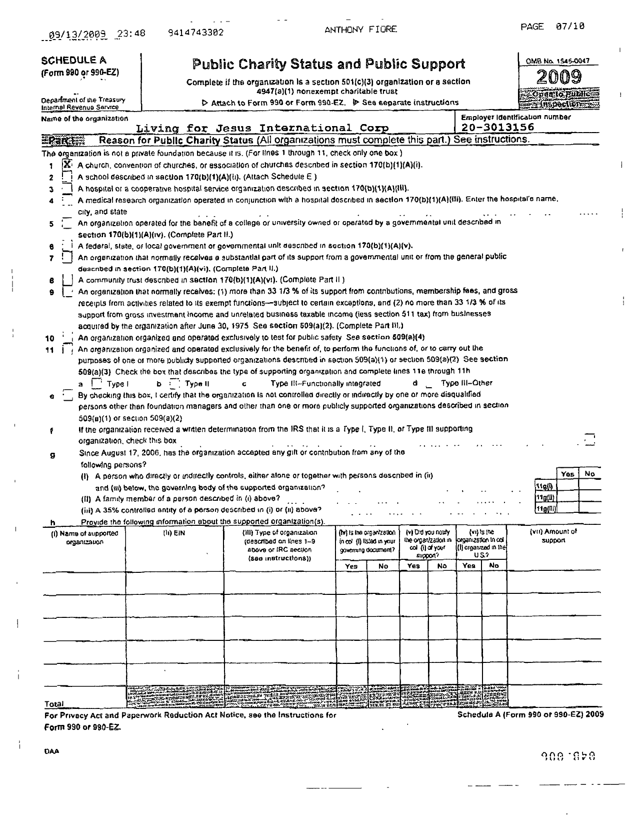 Image of first page of 2009 Form 990ER for Living for Jesus International Corporation