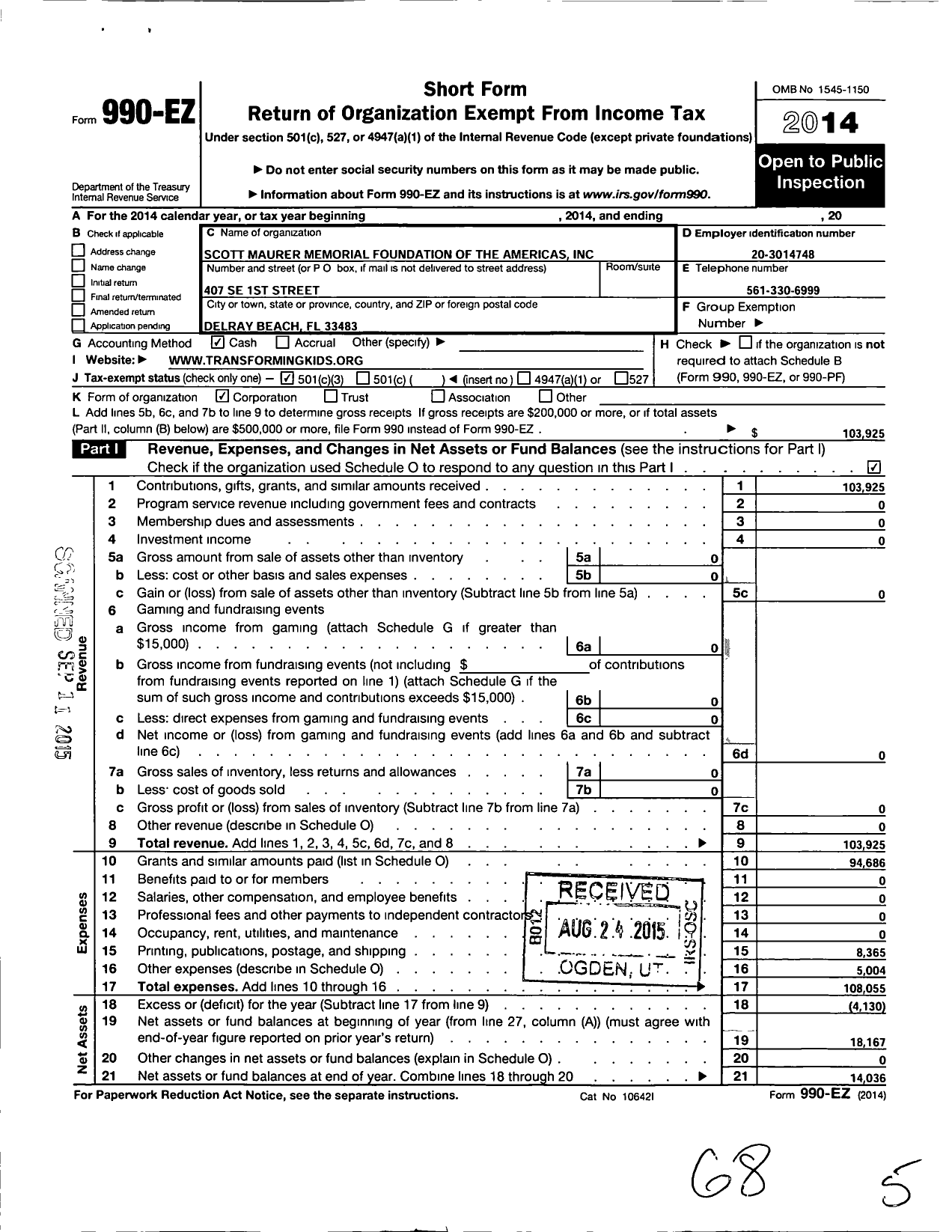 Image of first page of 2014 Form 990EZ for Scott Maurer Memorial Foundation of the Americas