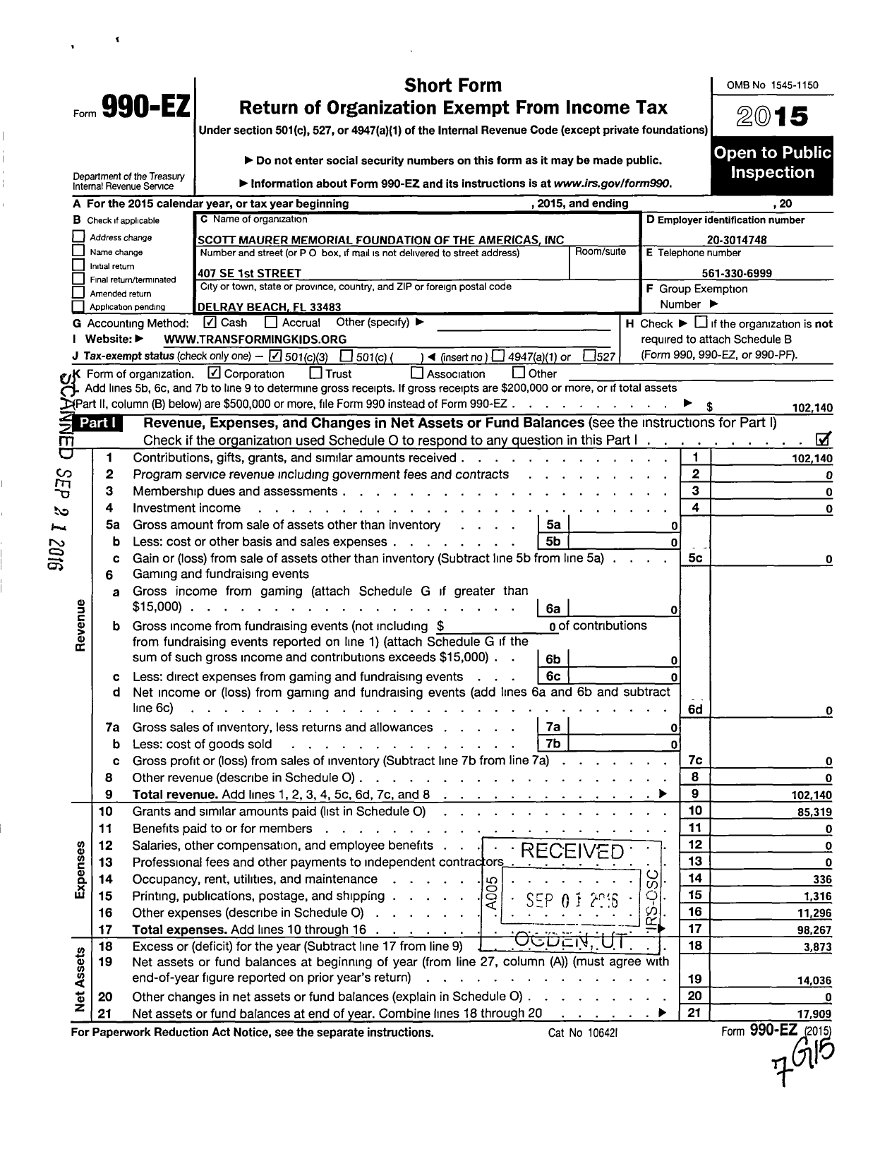 Image of first page of 2015 Form 990EZ for Scott Maurer Memorial Foundation of the Americas