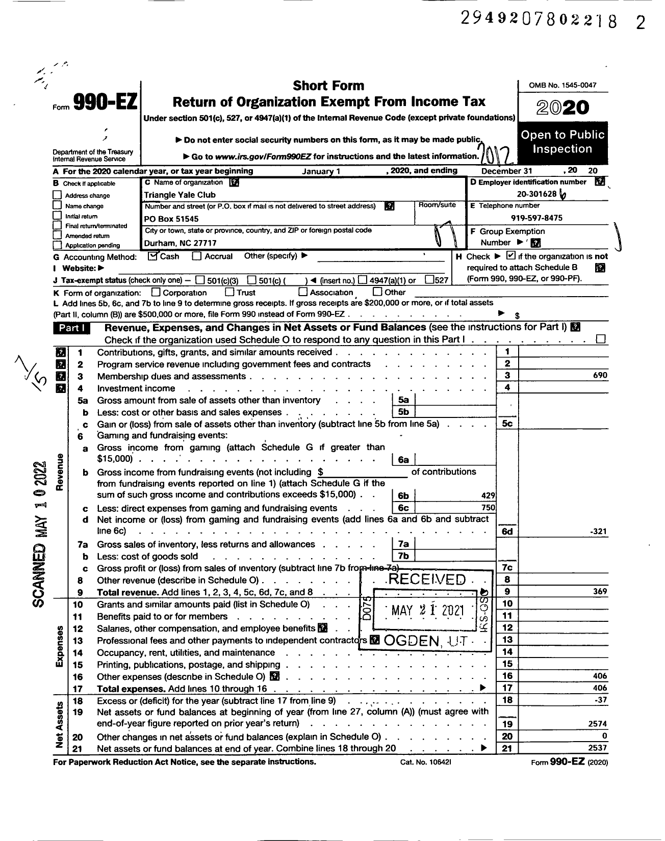 Image of first page of 2020 Form 990EO for Triangle Yale Club