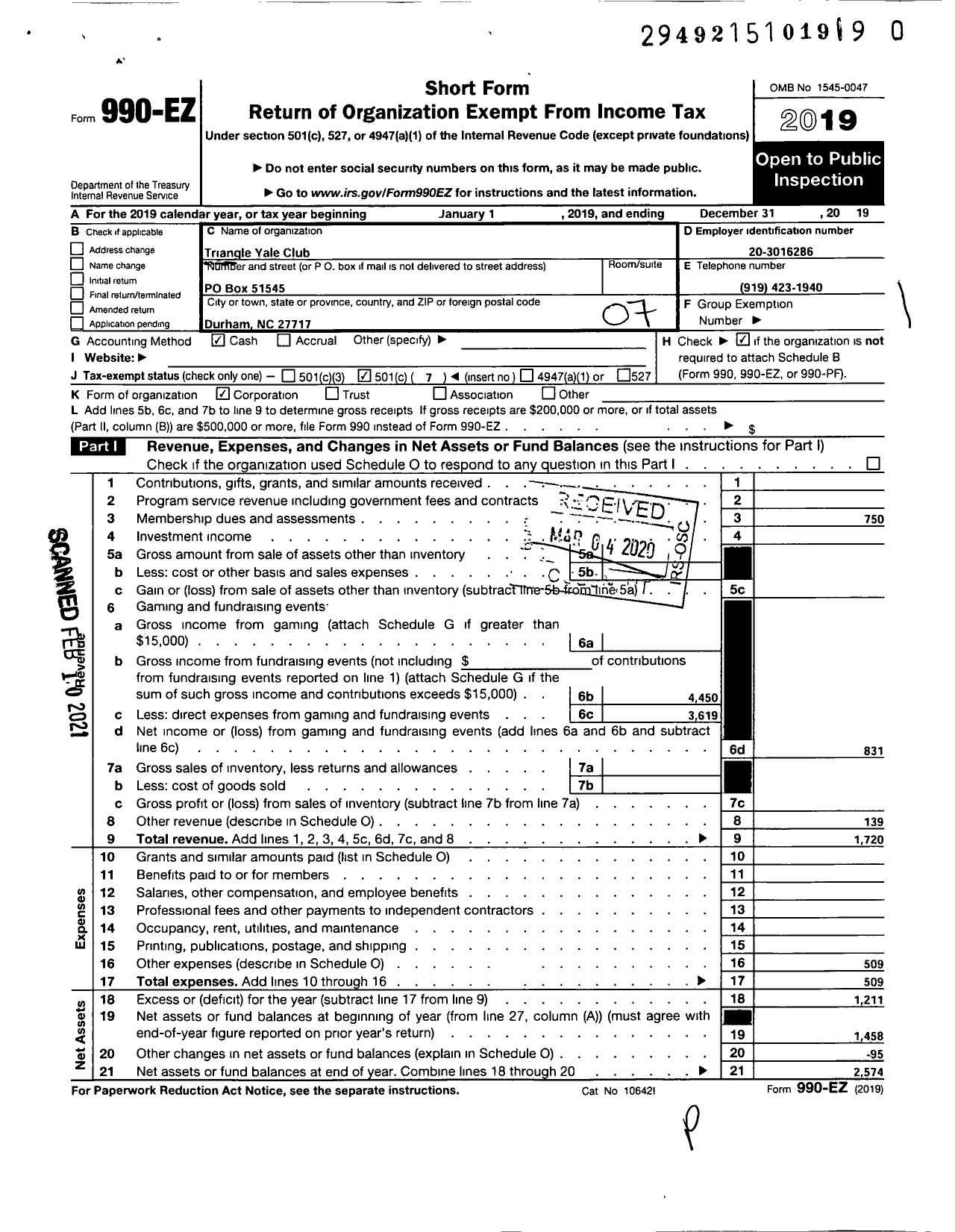 Image of first page of 2019 Form 990EO for Triangle Yale Club